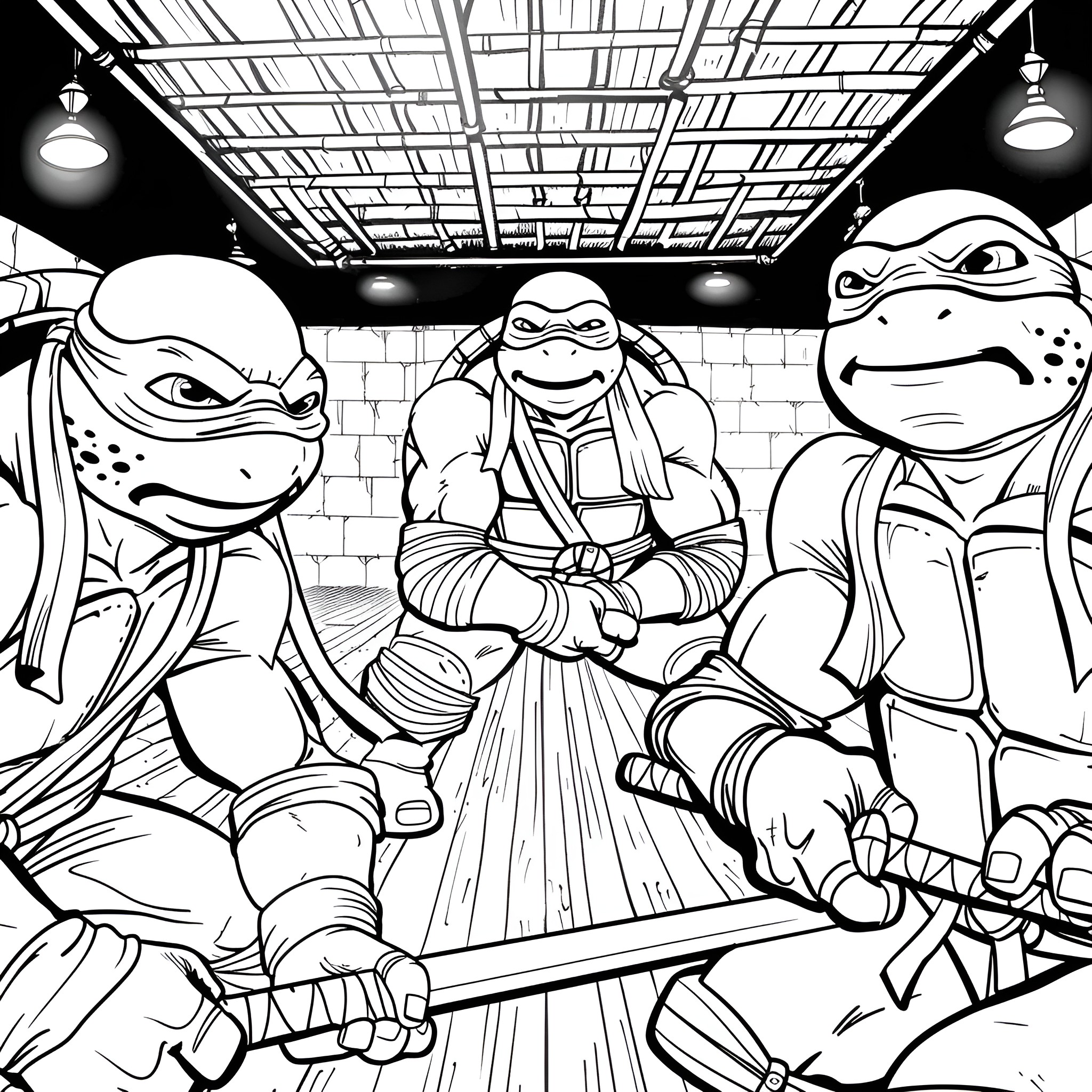Ninja Turtles in action pose Coloring Page (free black-and-white line drawing printable PDF for all, from beginners to advanced learners, including children, teens, adults, and seniors)