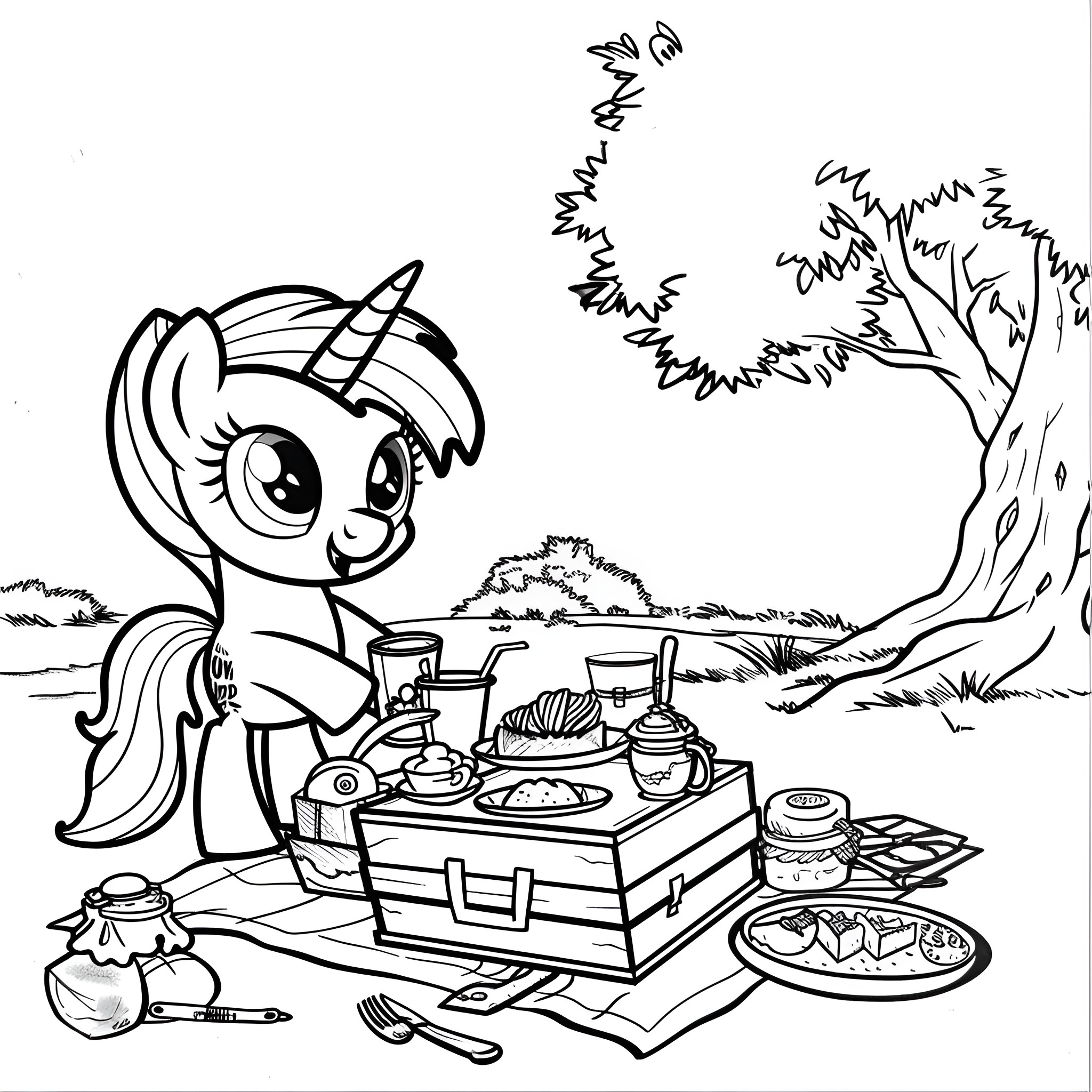 My Little Pony having a picnic in the woods Coloring Page (free black-and-white line drawing printable PDF for all, from beginners to advanced learners, including children, teens, adults, and seniors)
