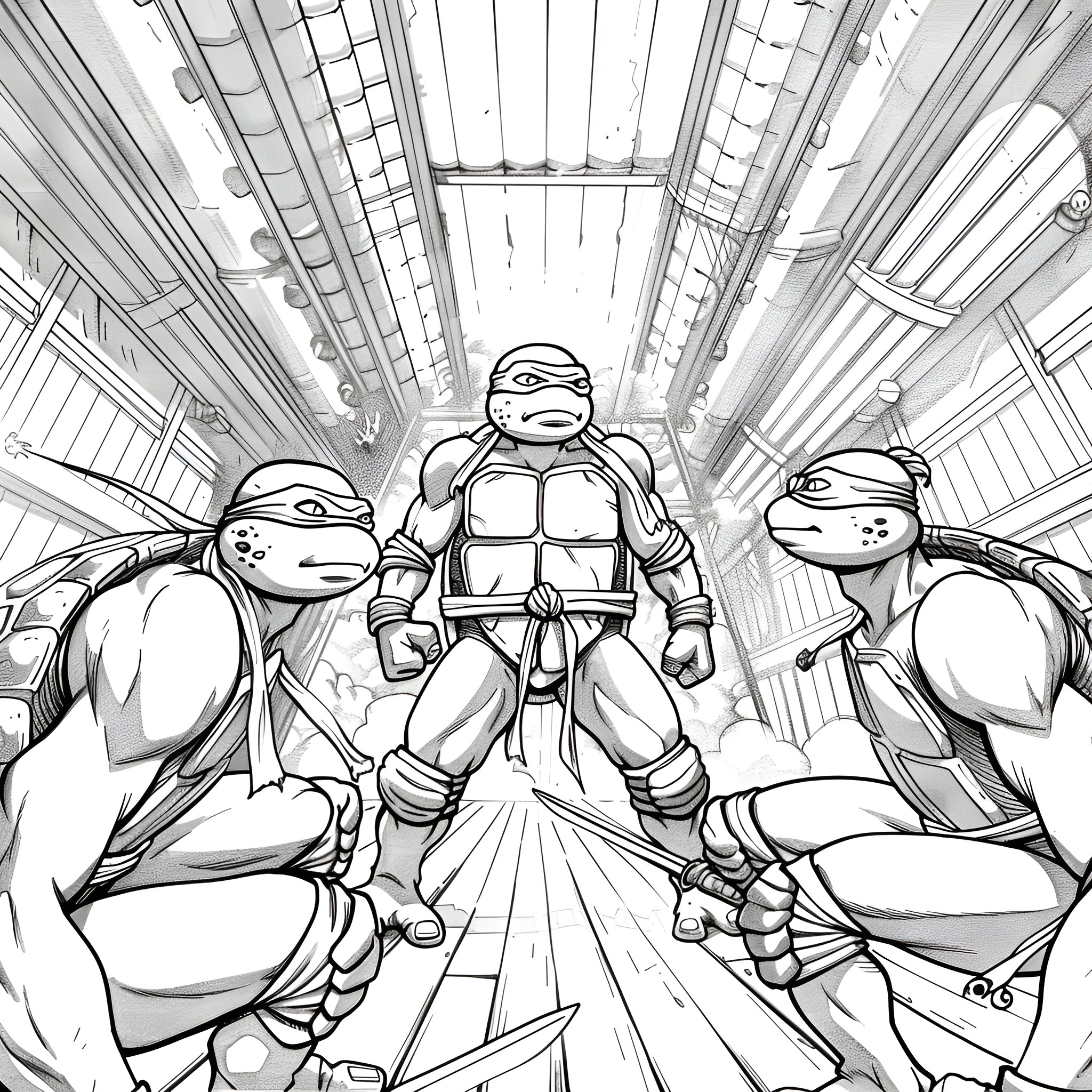 Ninja Turtles in action pose Coloring Page (free black-and-white line drawing printable PDF for all, from beginners to advanced learners, including children, teens, adults, and seniors)