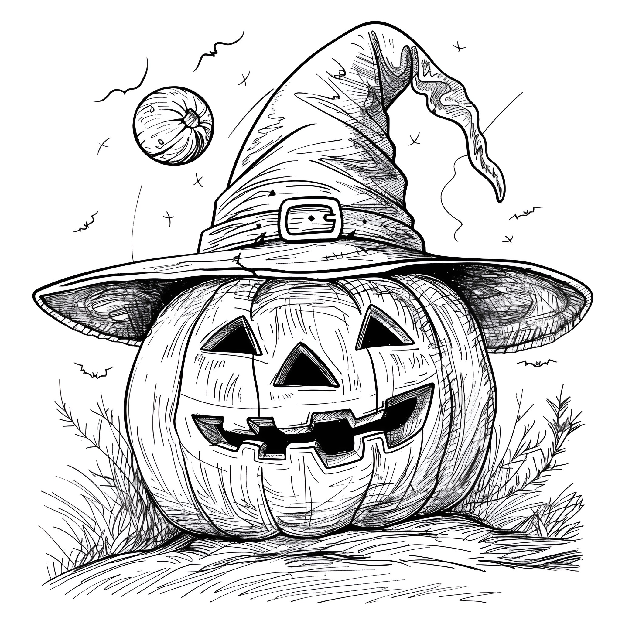 Pumpkin with Witch Hat in Spooky Landscape Coloring Page (free black-and-white line drawing printable PDF for all, from beginners to advanced learners, including children, teens, adults, and seniors)