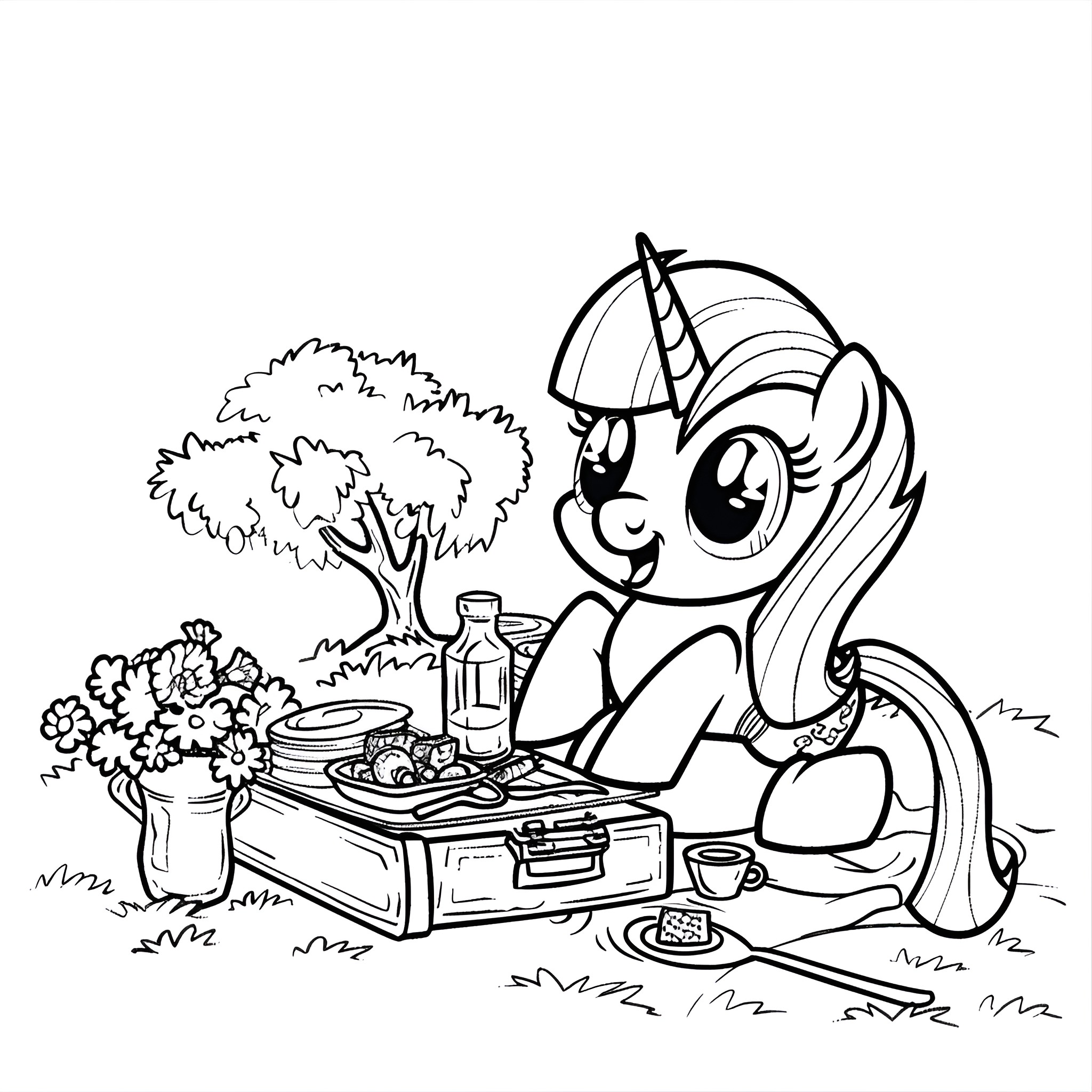 My Little Pony enjoying a picnic in the park Coloring Page (free black-and-white line drawing printable PDF for all, from beginners to advanced learners, including children, teens, adults, and seniors)