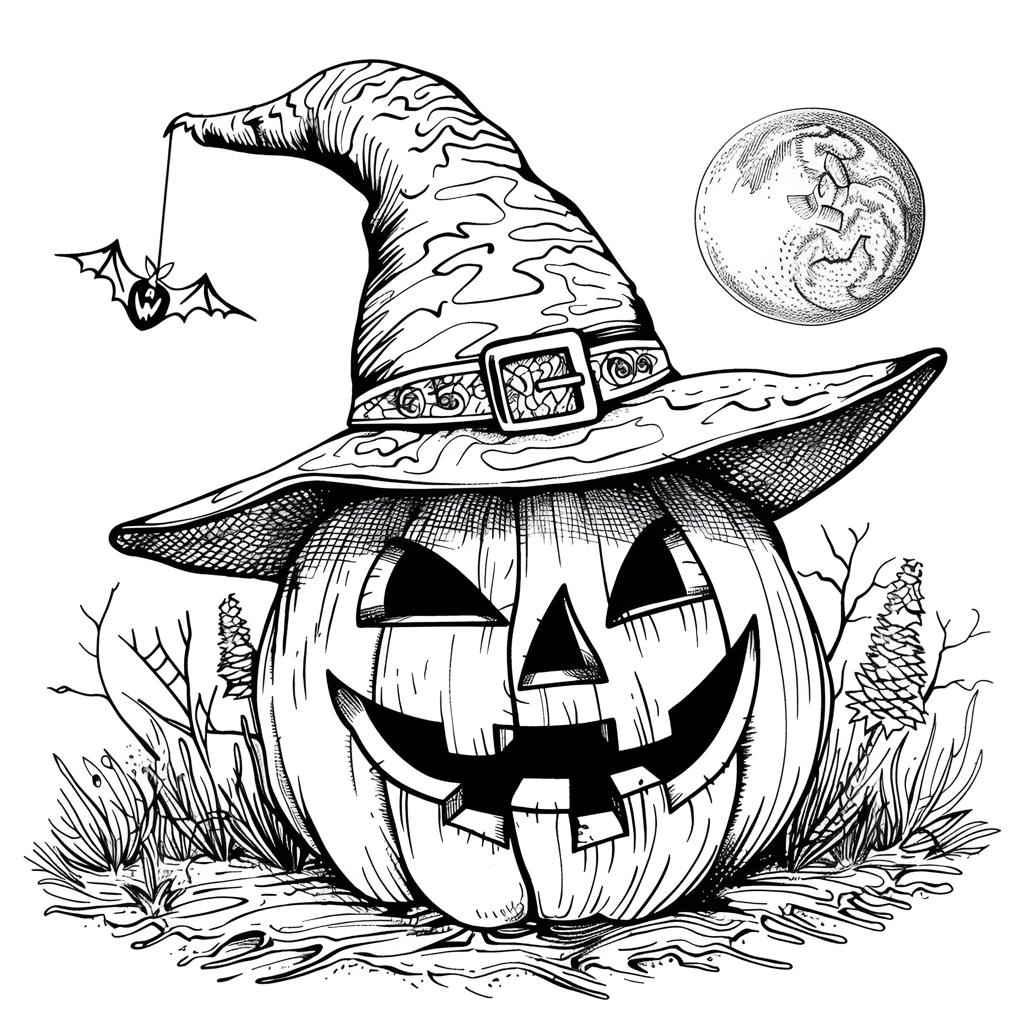 Pumpkin with witch hat and creepy expression Coloring Page (free black-and-white line drawing printable PDF for all, from beginners to advanced learners, including children, teens, adults, and seniors)