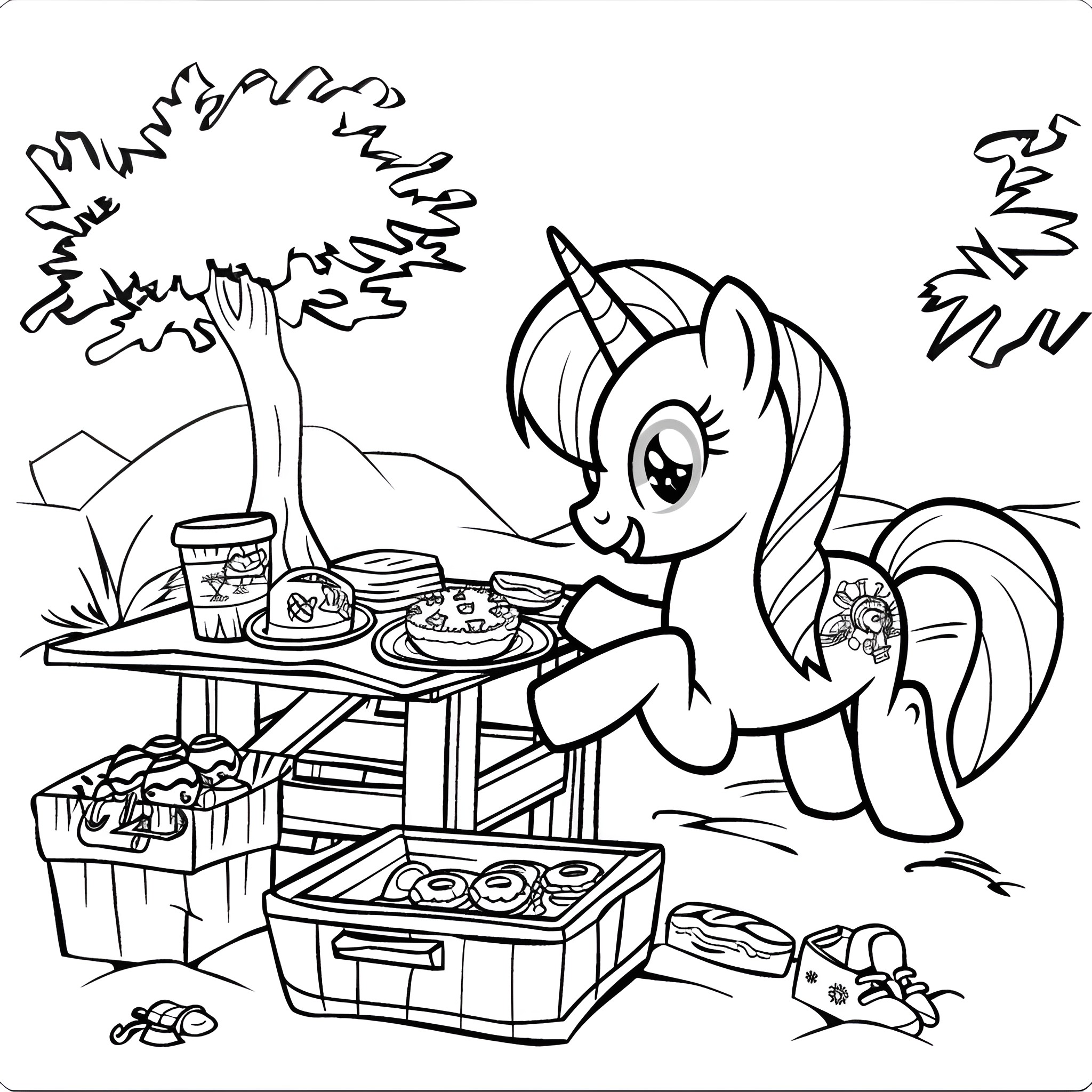 My Little Pony enjoying a picnic outdoors Coloring Page (free black-and-white line drawing printable PDF for all, from beginners to advanced learners, including children, teens, adults, and seniors)