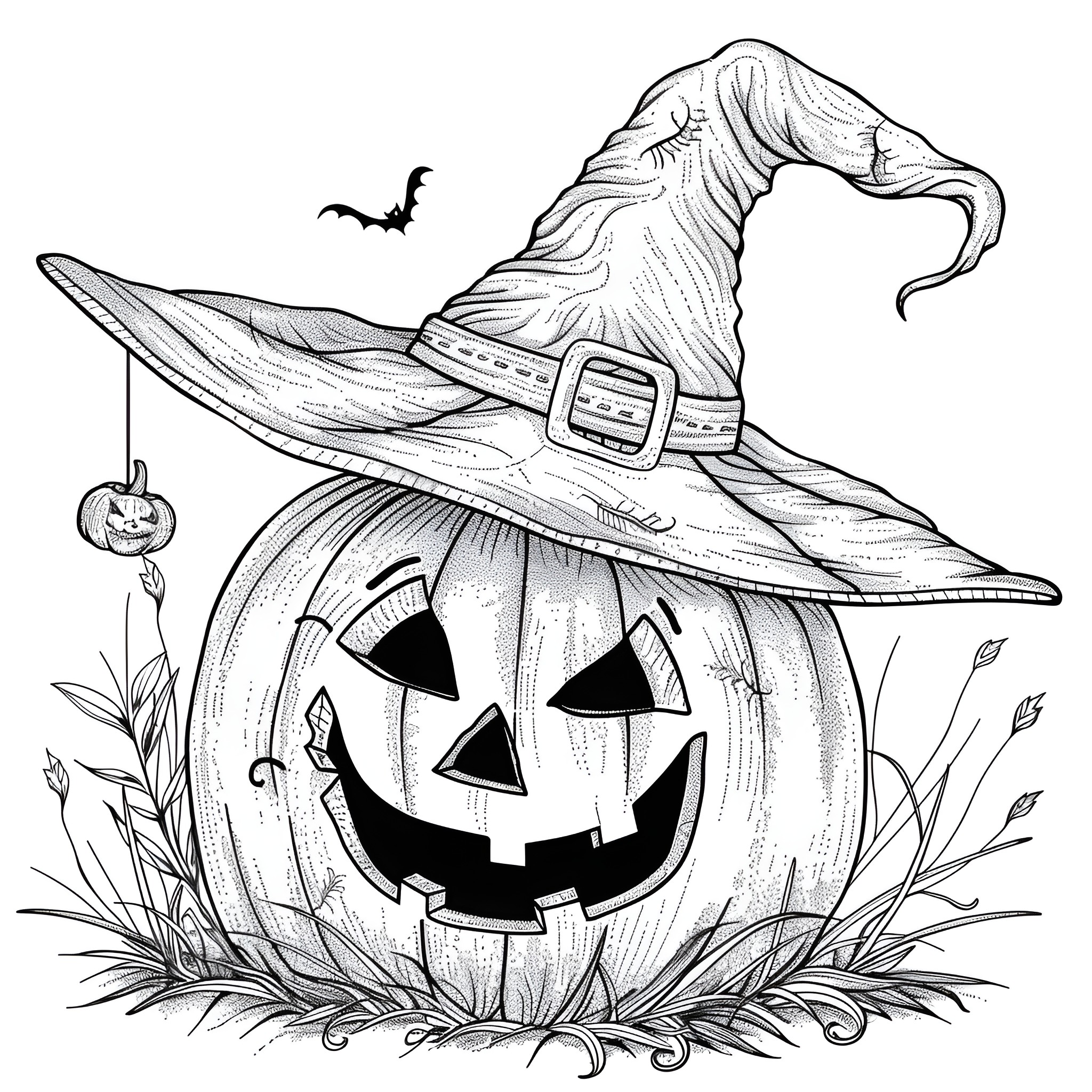 Pumpkin with witchy hat and spooky face Coloring Page (free black-and-white line drawing printable PDF for all, from beginners to advanced learners, including children, teens, adults, and seniors)