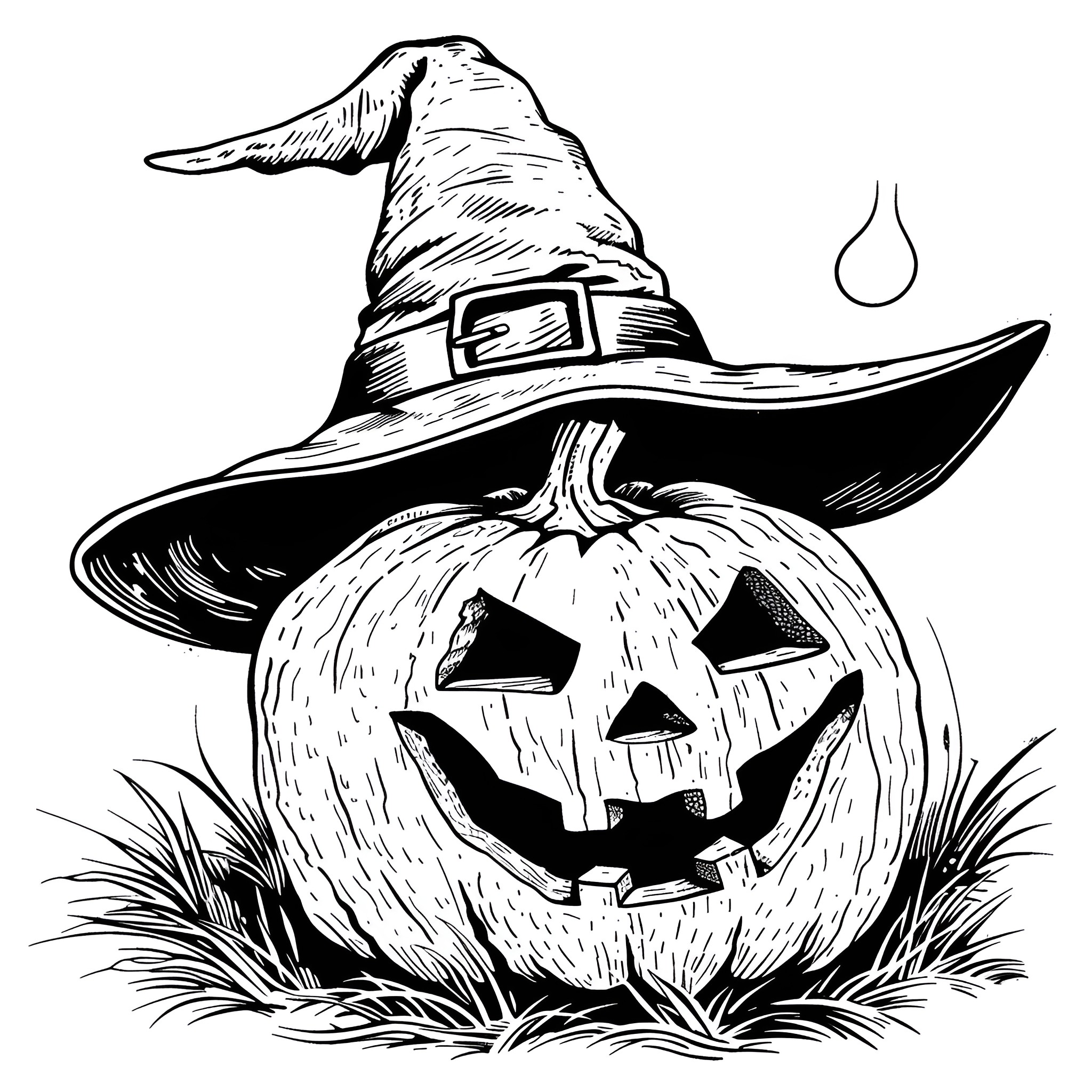Pumpkin with Witch Hat in Spooky Scene Coloring Page (free black-and-white line drawing printable PDF for all, from beginners to advanced learners, including children, teens, adults, and seniors)