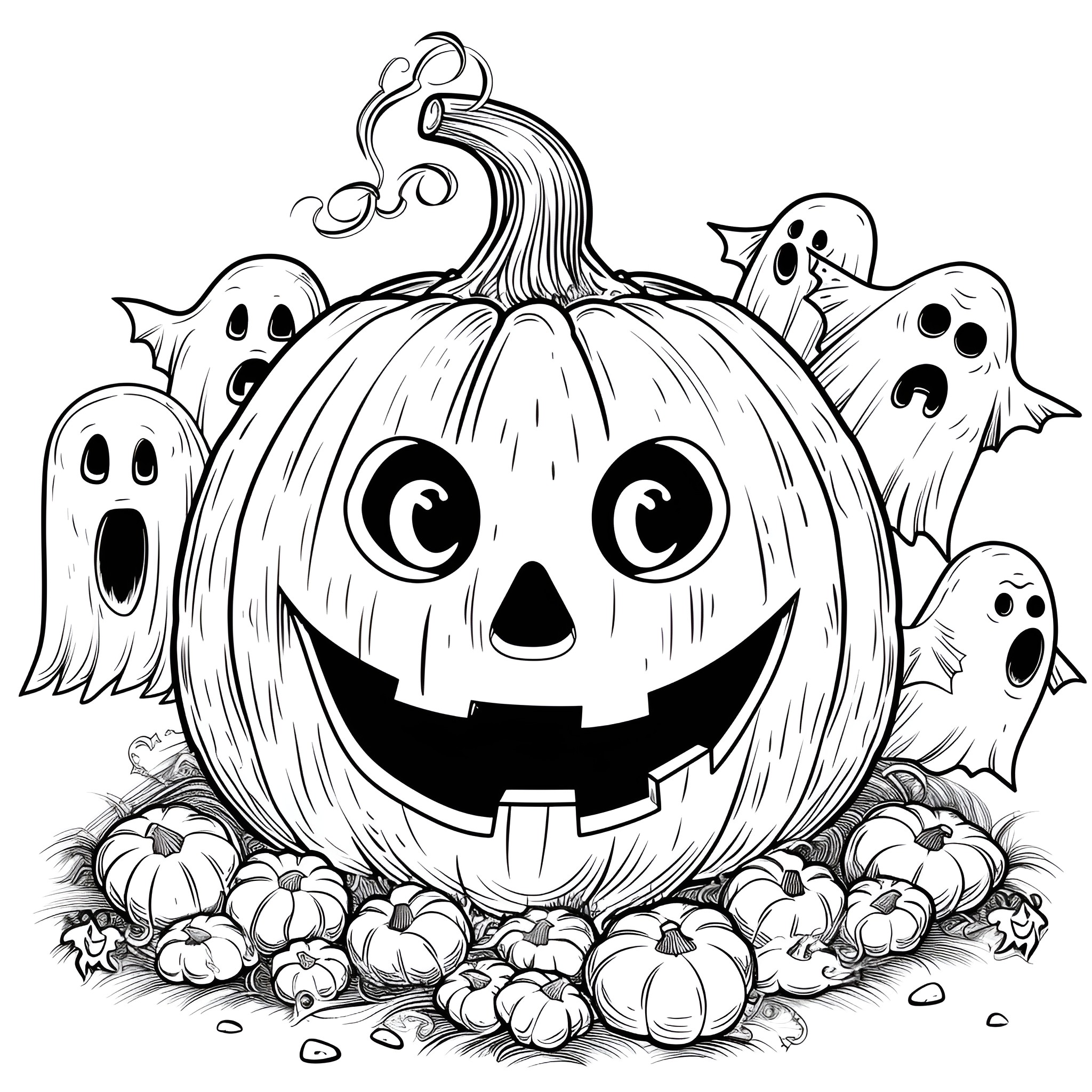 Pumpkin with spooky ghosts and decor Coloring Page (free black-and-white line drawing printable PDF for all, from beginners to advanced learners, including children, teens, adults, and seniors)