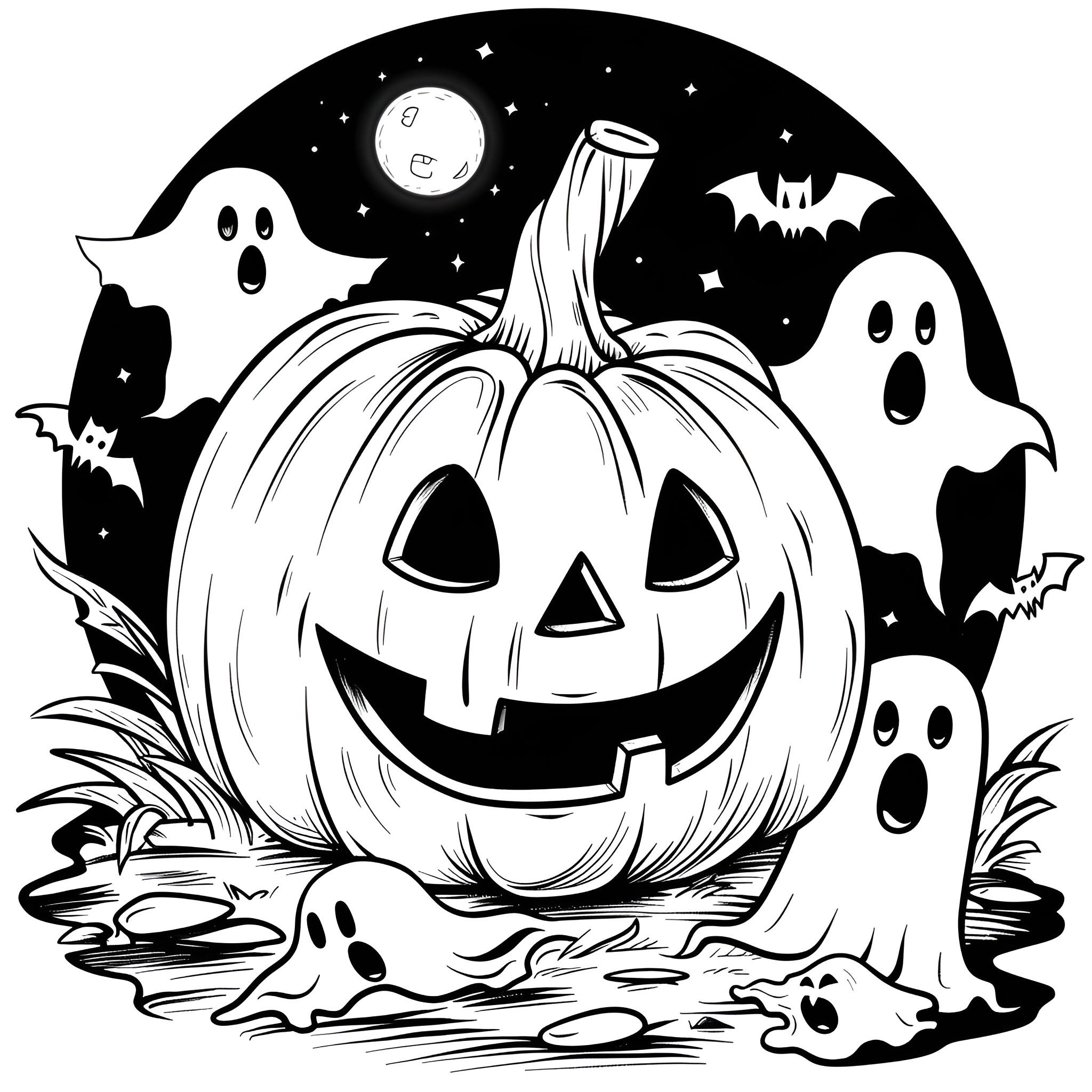 Pumpkin with ghostly companions in the moonlight Coloring Page (free black-and-white line drawing printable PDF for all, from beginners to advanced learners, including children, teens, adults, and seniors)