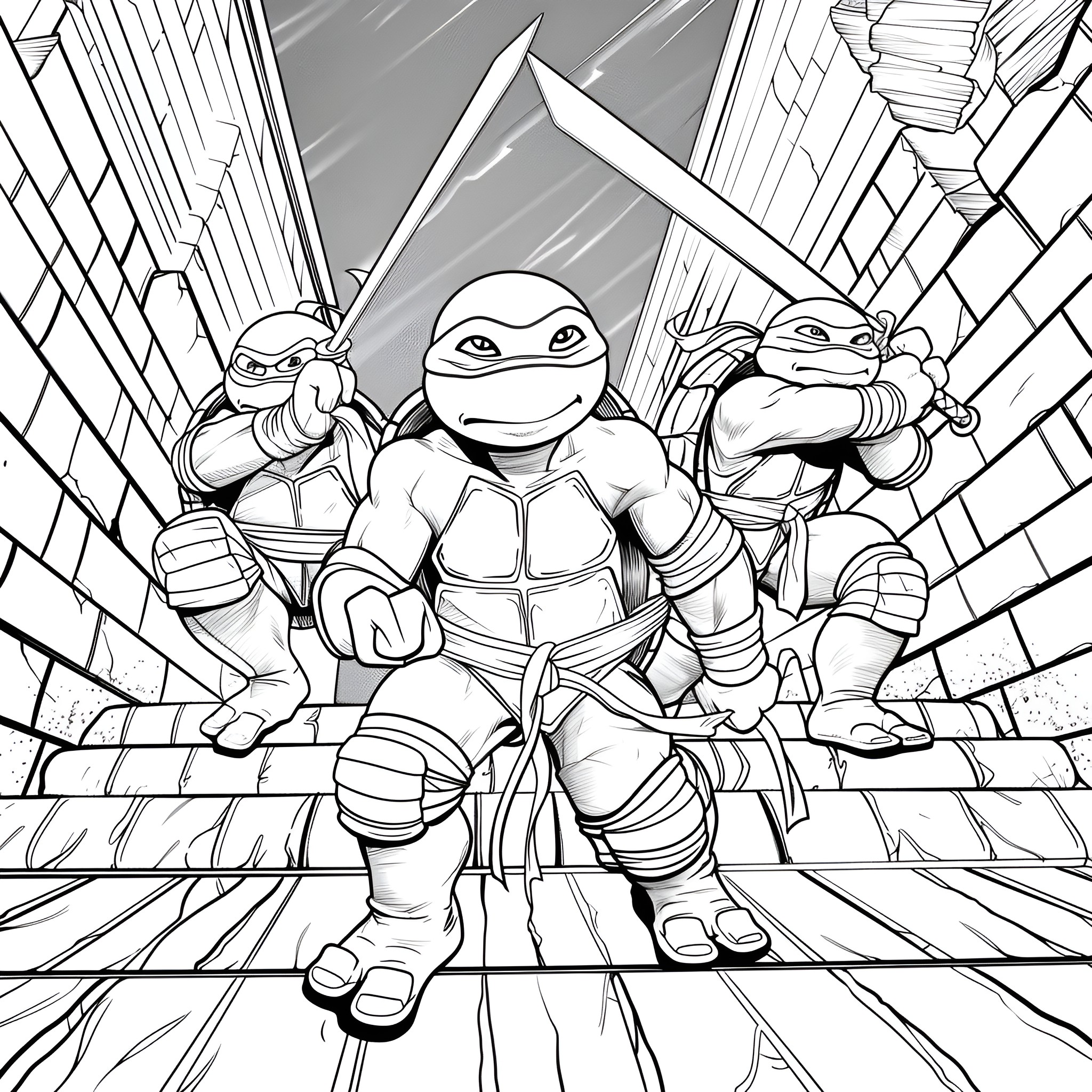 Ninja Turtles heroic action poses Coloring Page (free black-and-white line drawing printable PDF for all, from beginners to advanced learners, including children, teens, adults, and seniors)