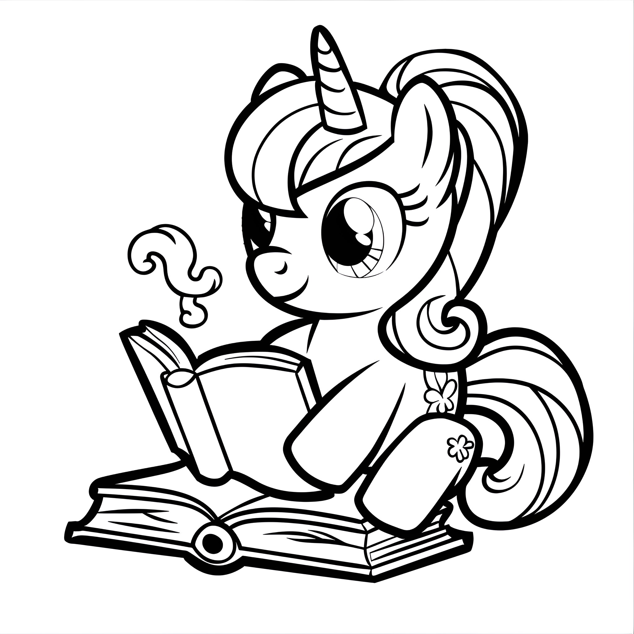 My Little Pony reading a book Coloring Page (free black-and-white line drawing printable PDF for all, from beginners to advanced learners, including children, teens, adults, and seniors)
