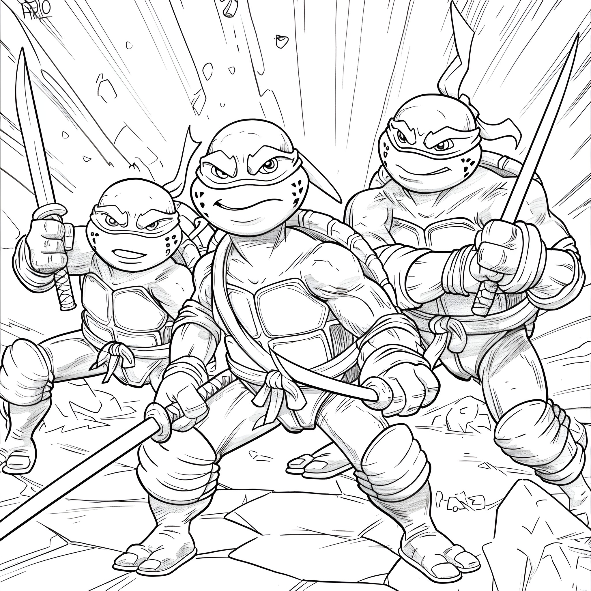 Ninja Turtles action-packed battle scene Coloring Page (free black-and-white line drawing printable PDF for all, from beginners to advanced learners, including children, teens, adults, and seniors)