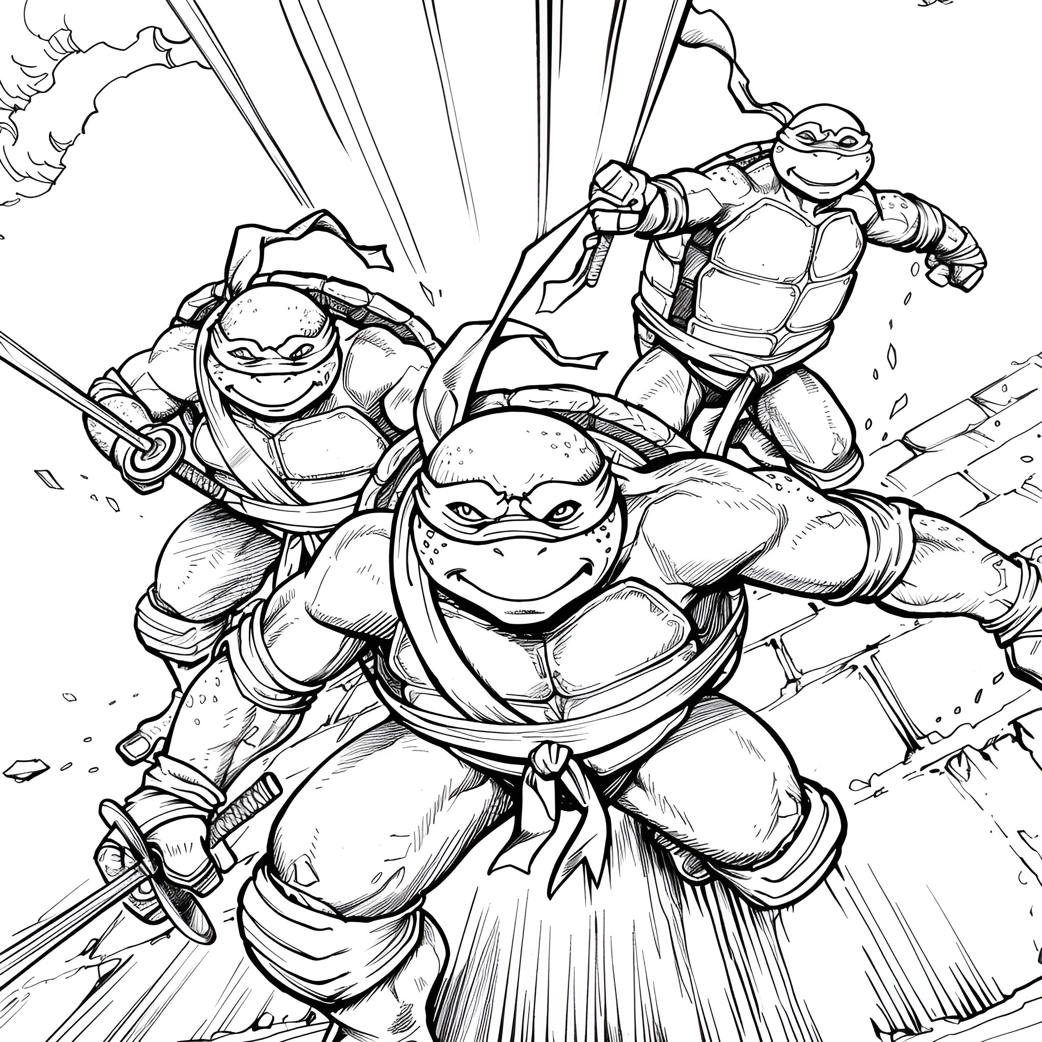 Ninja Turtles in heroic action poses Coloring Page (free black-and-white line drawing printable PDF for all, from beginners to advanced learners, including children, teens, adults, and seniors)