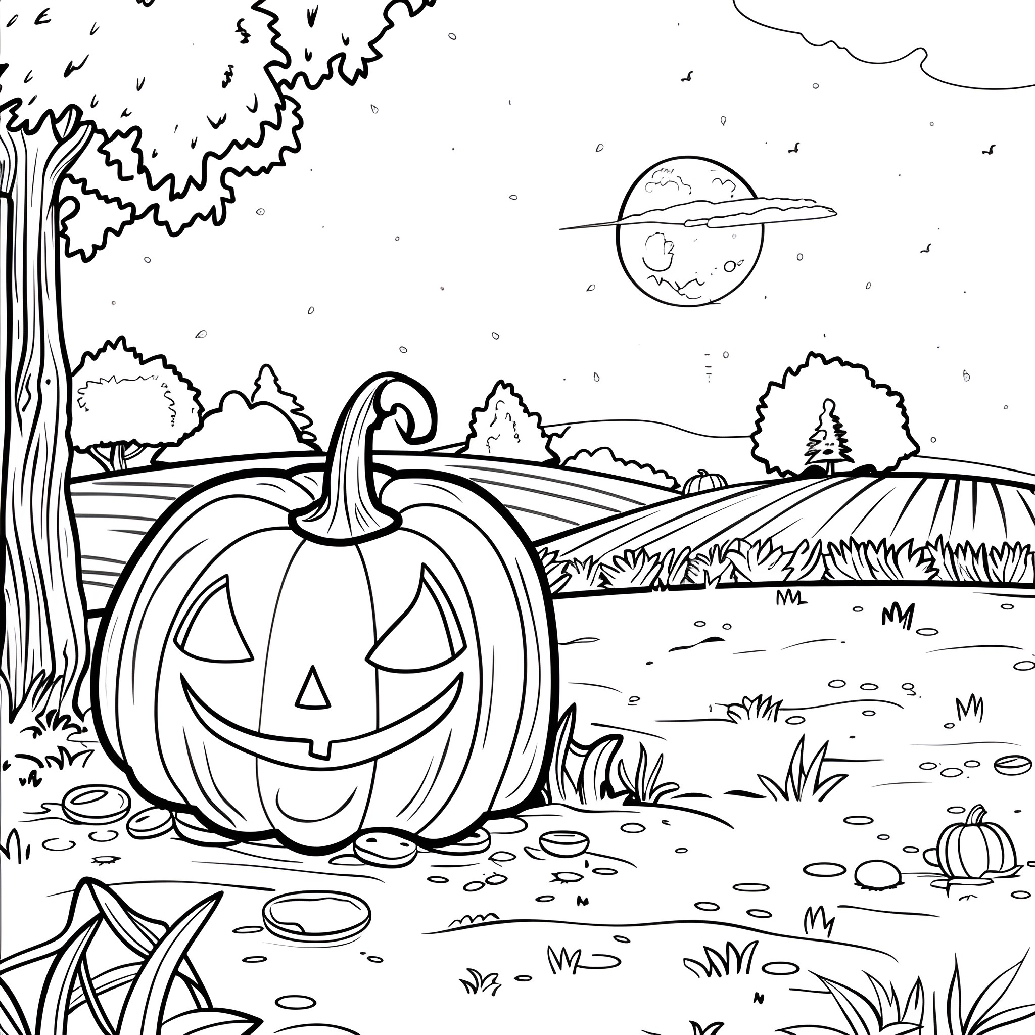 Pumpkin in Spooky Halloween Landscape Coloring Page (free black-and-white line drawing printable PDF for all, from beginners to advanced learners, including children, teens, adults, and seniors)