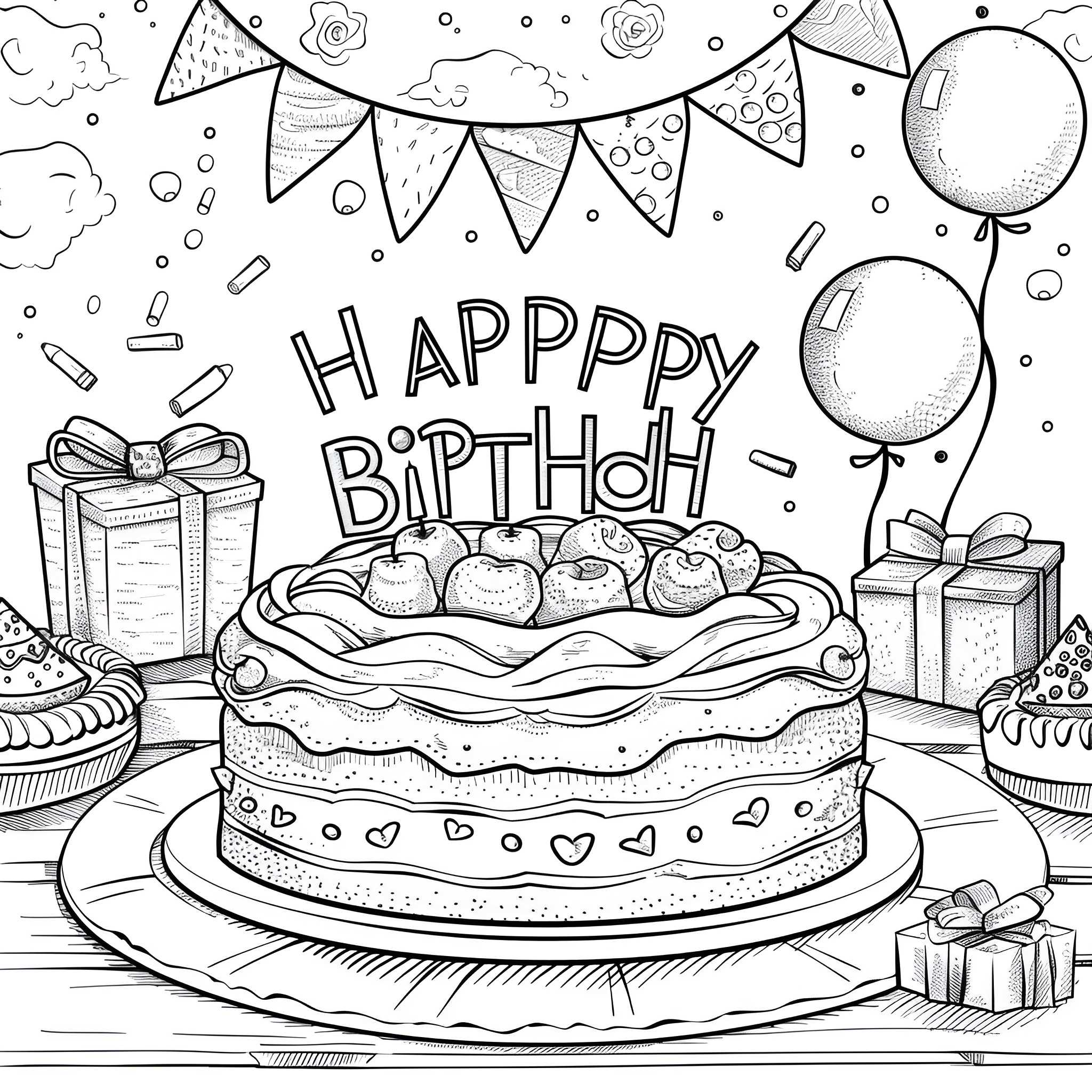 Happy Birthday Cake and Celebration Coloring Page (free black-and-white line drawing printable PDF for all, from beginners to advanced learners, including children, teens, adults, and seniors)