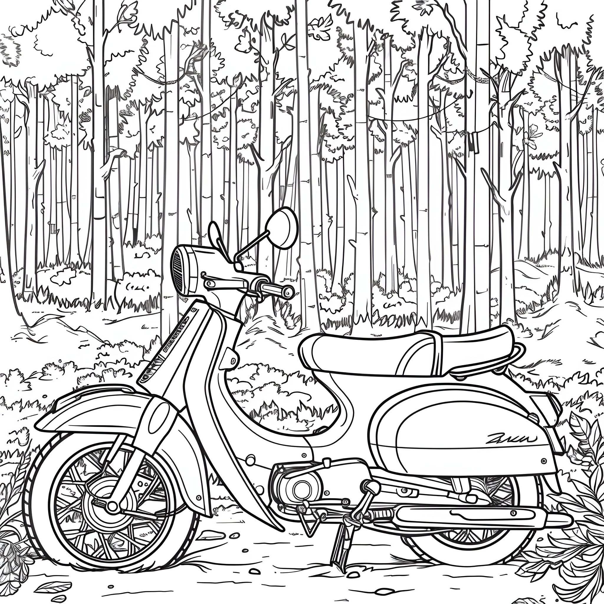 Motorcycle in Wooded Forest Scene Coloring Page (free black-and-white line drawing printable PDF for all, from beginners to advanced learners, including children, teens, adults, and seniors)