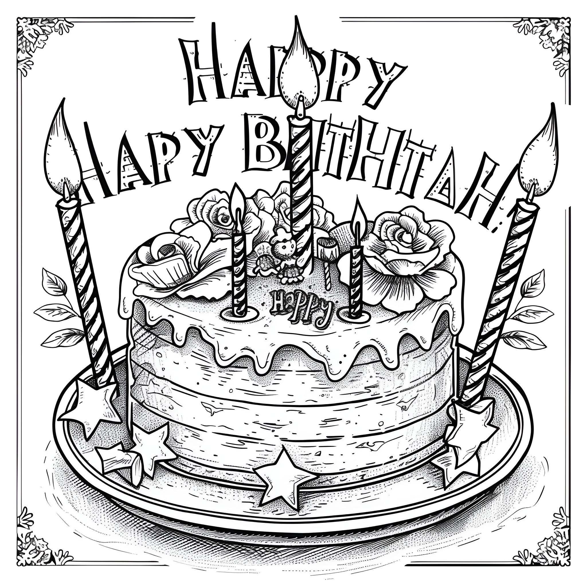 Happy Birthday Cake with Flowers and Candles Coloring Page (free black-and-white line drawing printable PDF for all, from beginners to advanced learners, including children, teens, adults, and seniors)