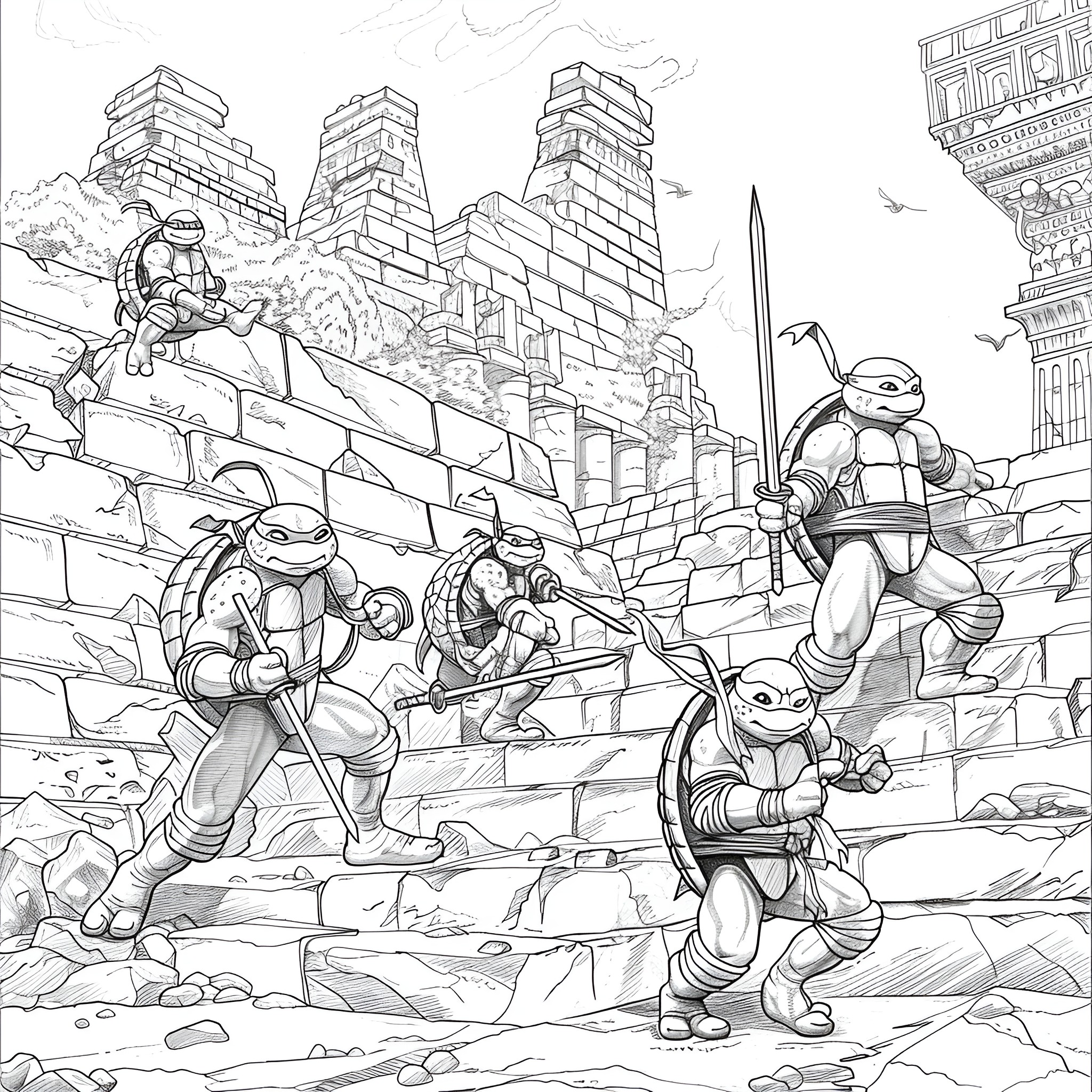 Ninja Turtles battling in ancient ruins Coloring Page (free black-and-white line drawing printable PDF for all, from beginners to advanced learners, including children, teens, adults, and seniors)