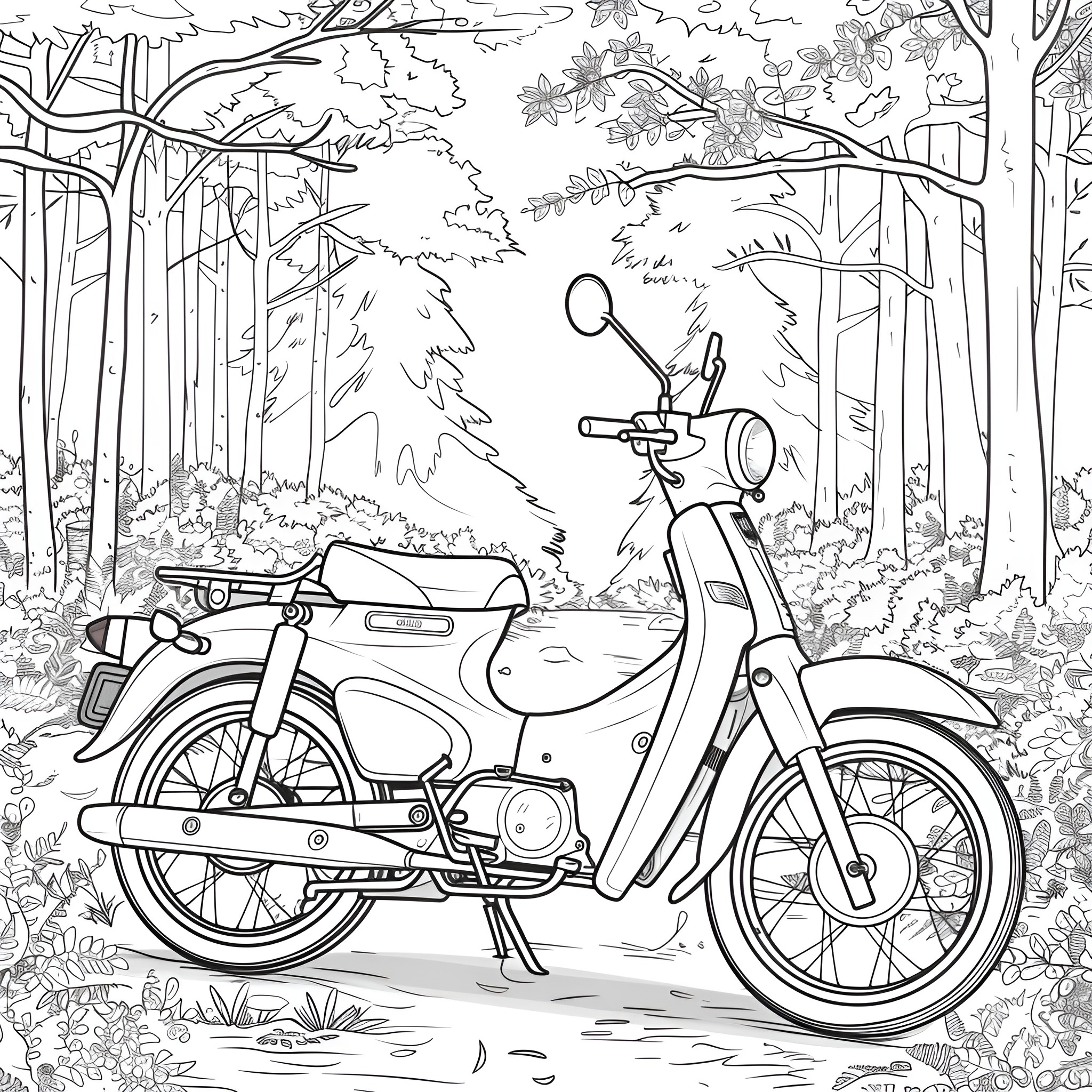Motorcycle in the forest Coloring Page (free black-and-white line drawing printable PDF for all, from beginners to advanced learners, including children, teens, adults, and seniors)