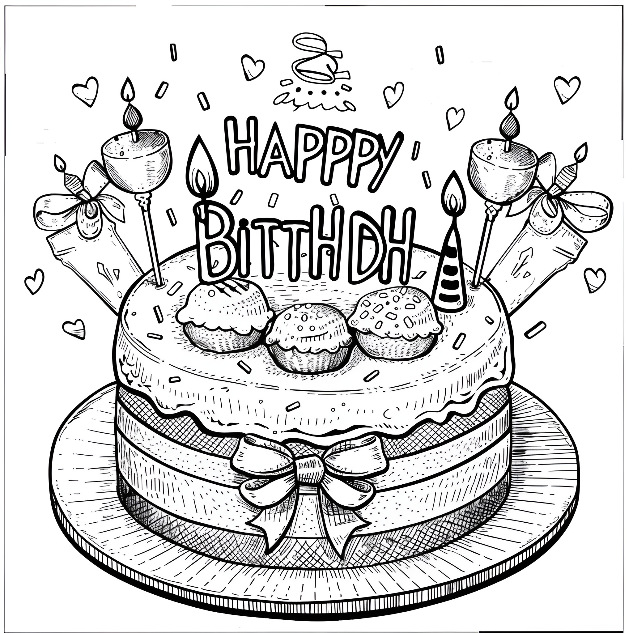 Happy Birthday Cake and Celebration Scene Coloring Page (free black-and-white line drawing printable PDF for all, from beginners to advanced learners, including children, teens, adults, and seniors)