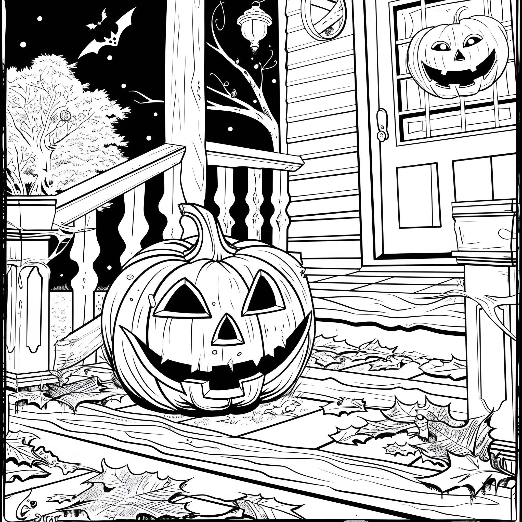 Pumpkin Jack-o'-lantern on Halloween porch Coloring Page (free black-and-white line drawing printable PDF for all, from beginners to advanced learners, including children, teens, adults, and seniors)