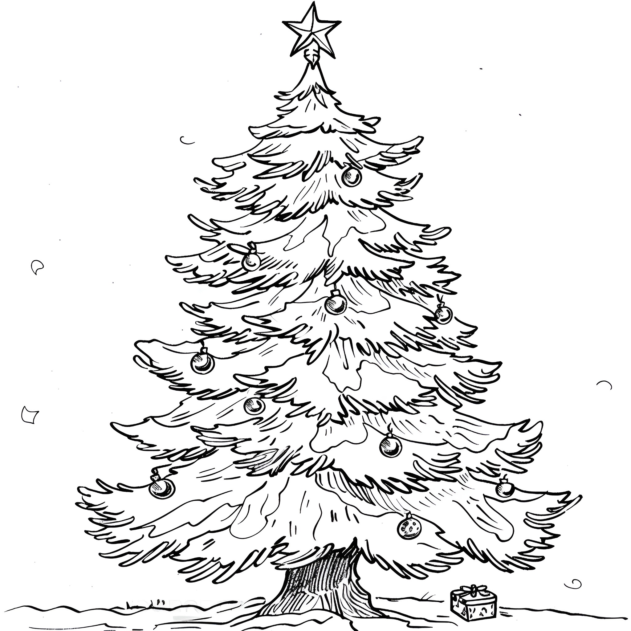 Christmas Tree with Ornaments and Star Coloring Page (free black-and-white line drawing printable PDF for all, from beginners to advanced learners, including children, teens, adults, and seniors)