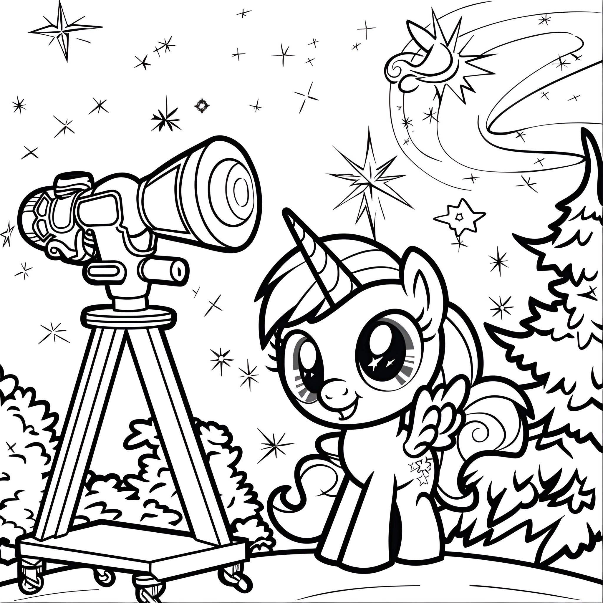 My Little Pony stargazing with telescope Coloring Page (free black-and-white line drawing printable PDF for all, from beginners to advanced learners, including children, teens, adults, and seniors)