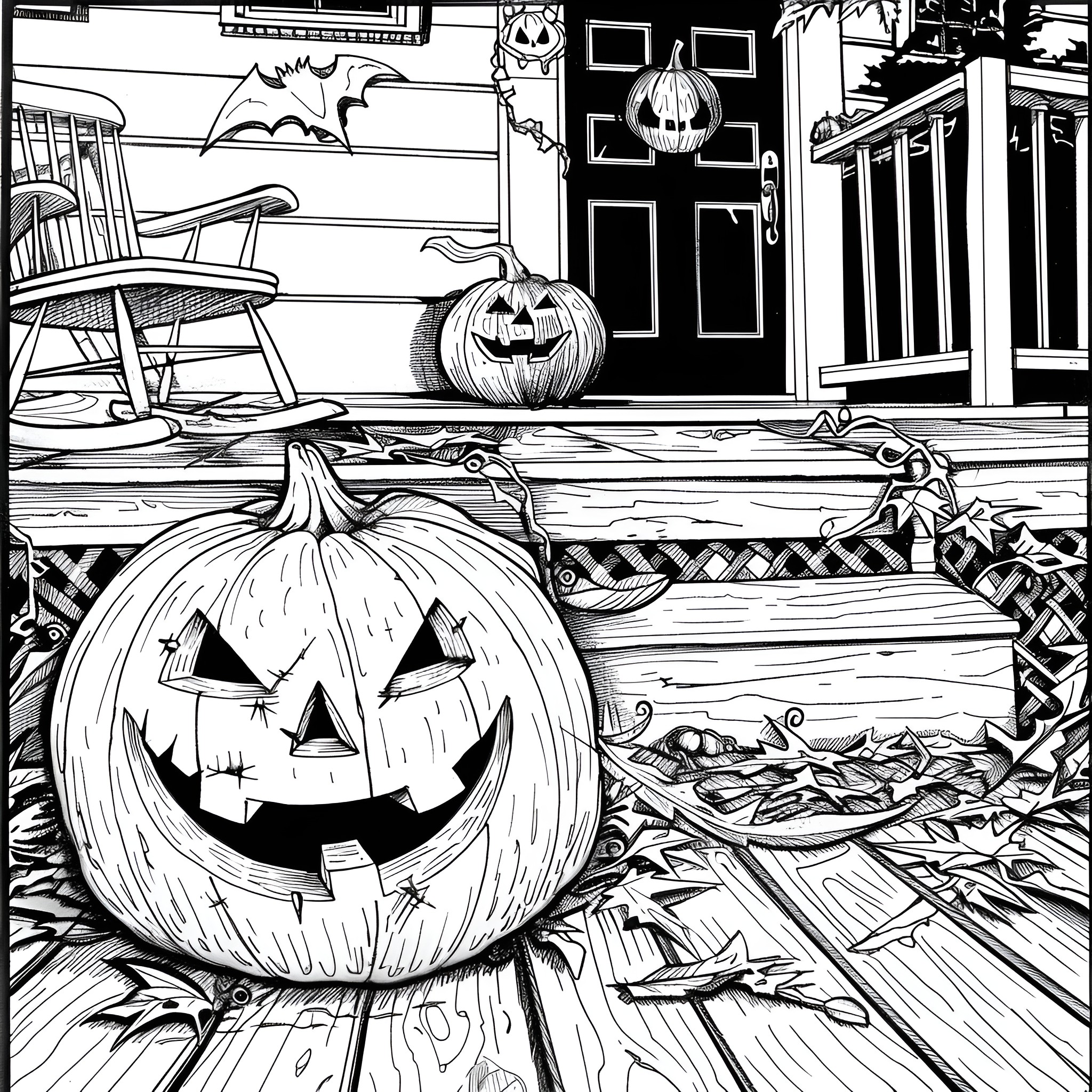 Pumpkins on porch with Halloween decorations Coloring Page (free black-and-white line drawing printable PDF for all, from beginners to advanced learners, including children, teens, adults, and seniors)