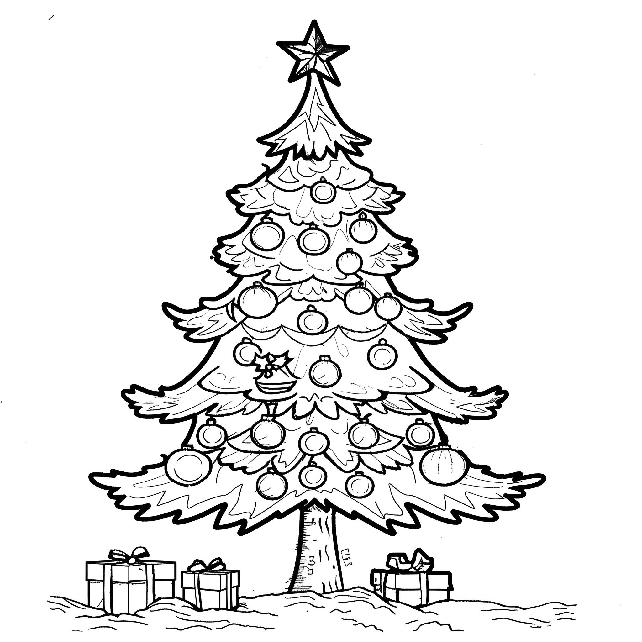Christmas Tree with Ornaments and Gifts Coloring Page (free black-and-white line drawing printable PDF for all, from beginners to advanced learners, including children, teens, adults, and seniors)