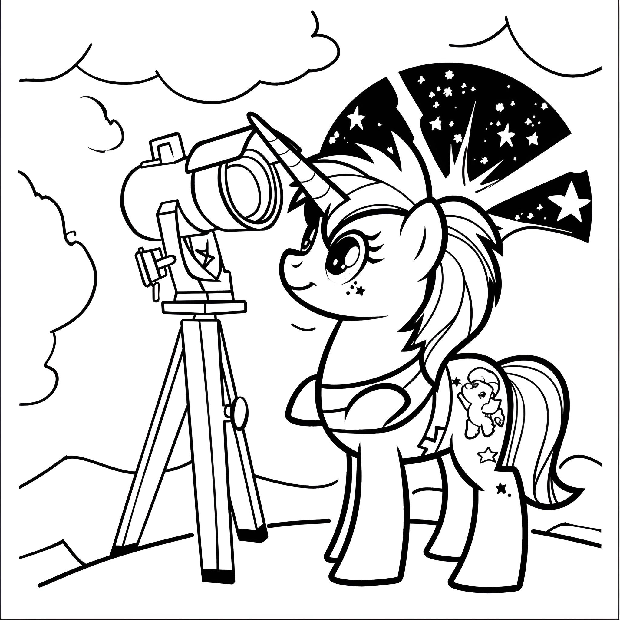 My Little Pony exploring the night sky Coloring Page (free black-and-white line drawing printable PDF for all, from beginners to advanced learners, including children, teens, adults, and seniors)