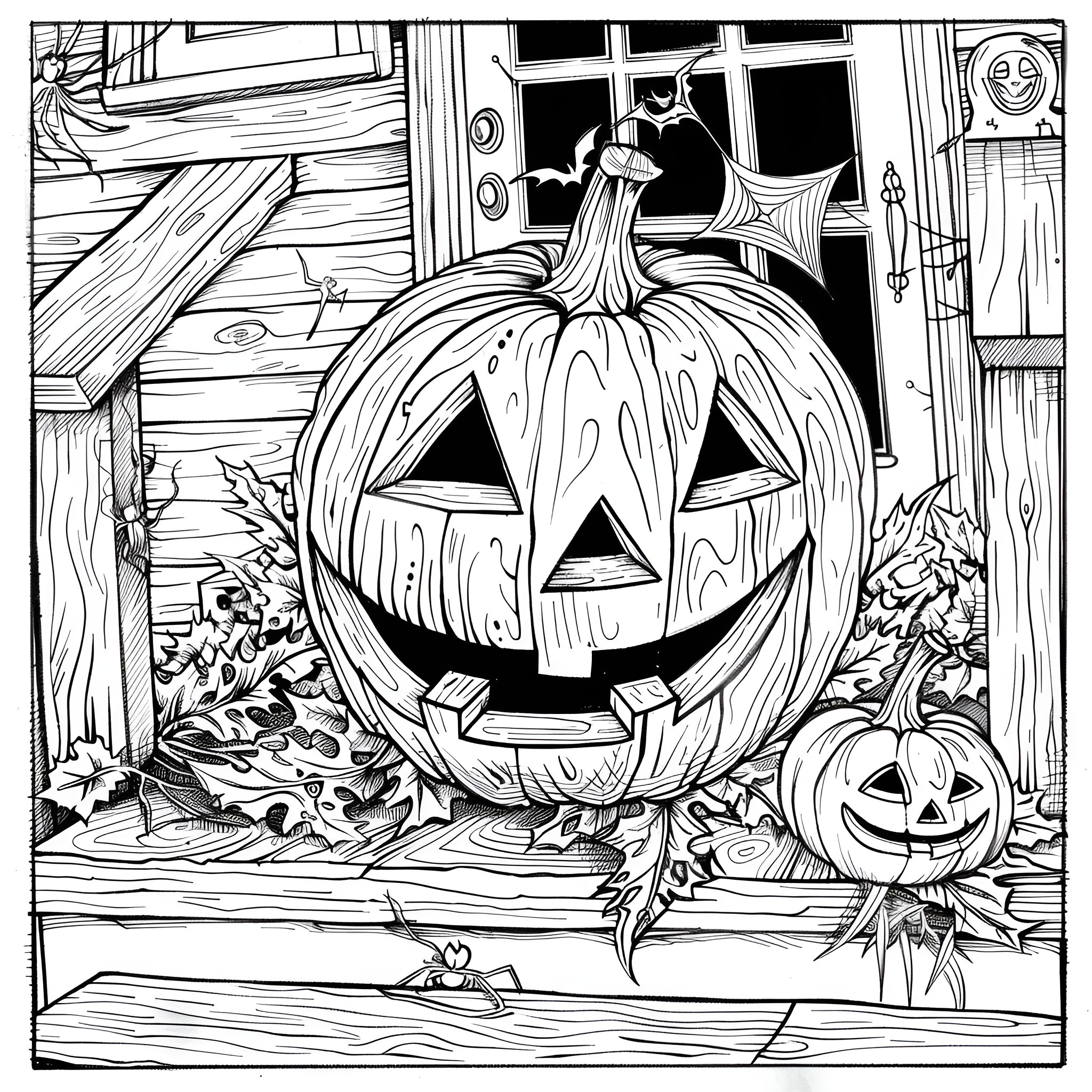 Pumpkin lanterns on Halloween porch Coloring Page (free black-and-white line drawing printable PDF for all, from beginners to advanced learners, including children, teens, adults, and seniors)