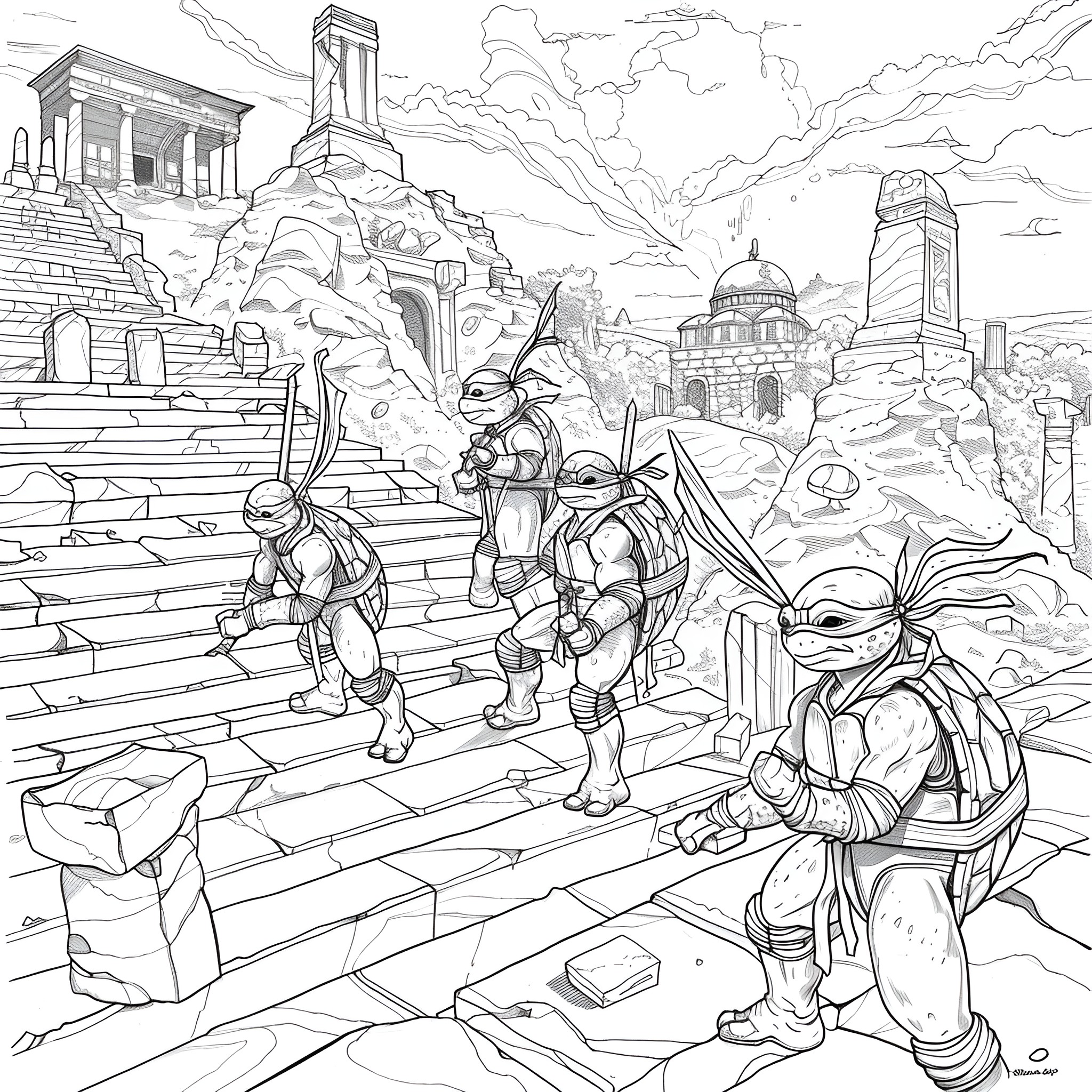 Ninja Turtles exploring ancient ruins Coloring Page (free black-and-white line drawing printable PDF for all, from beginners to advanced learners, including children, teens, adults, and seniors)