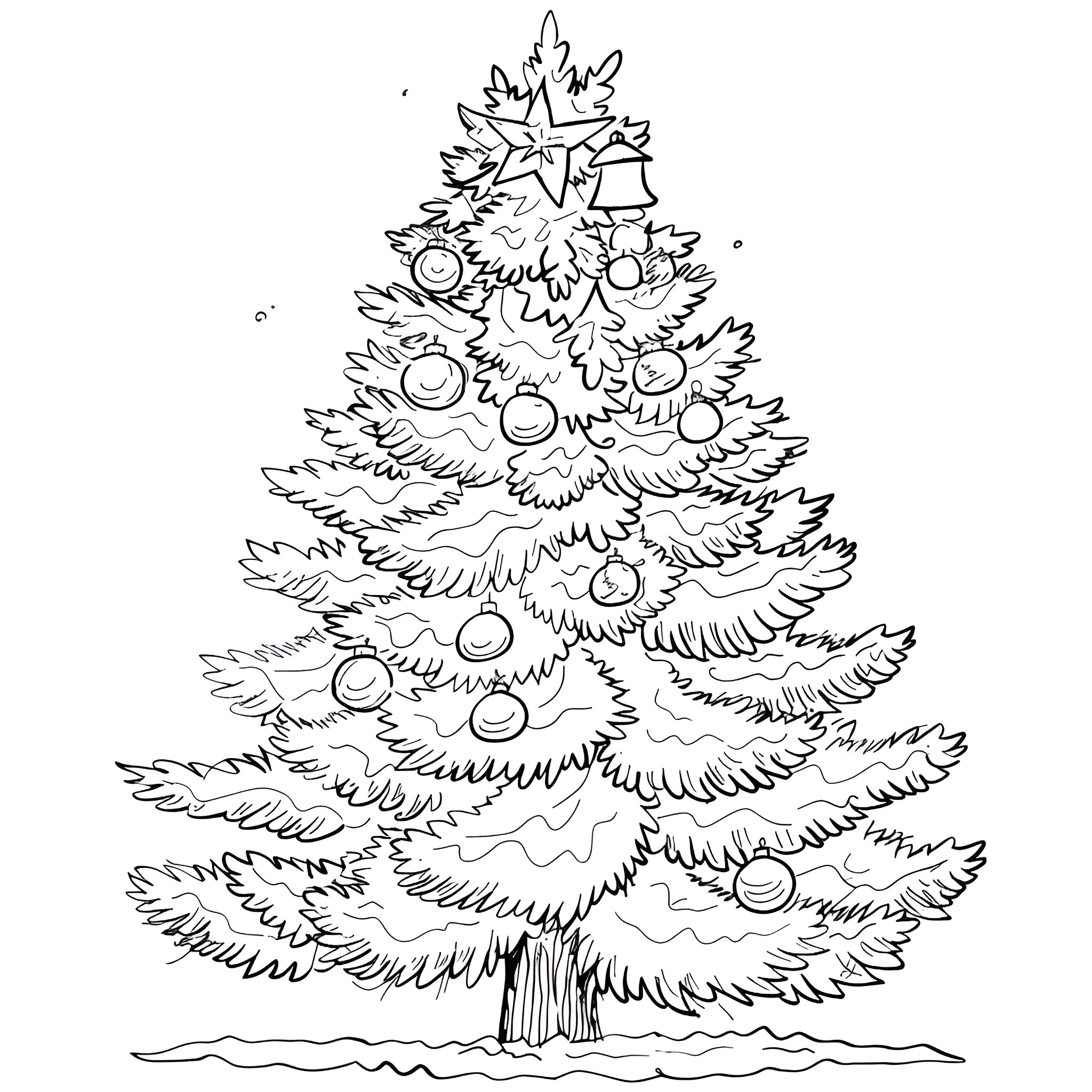 Christmas Tree with Decorations and Star Coloring Page (free black-and-white line drawing printable PDF for all, from beginners to advanced learners, including children, teens, adults, and seniors)