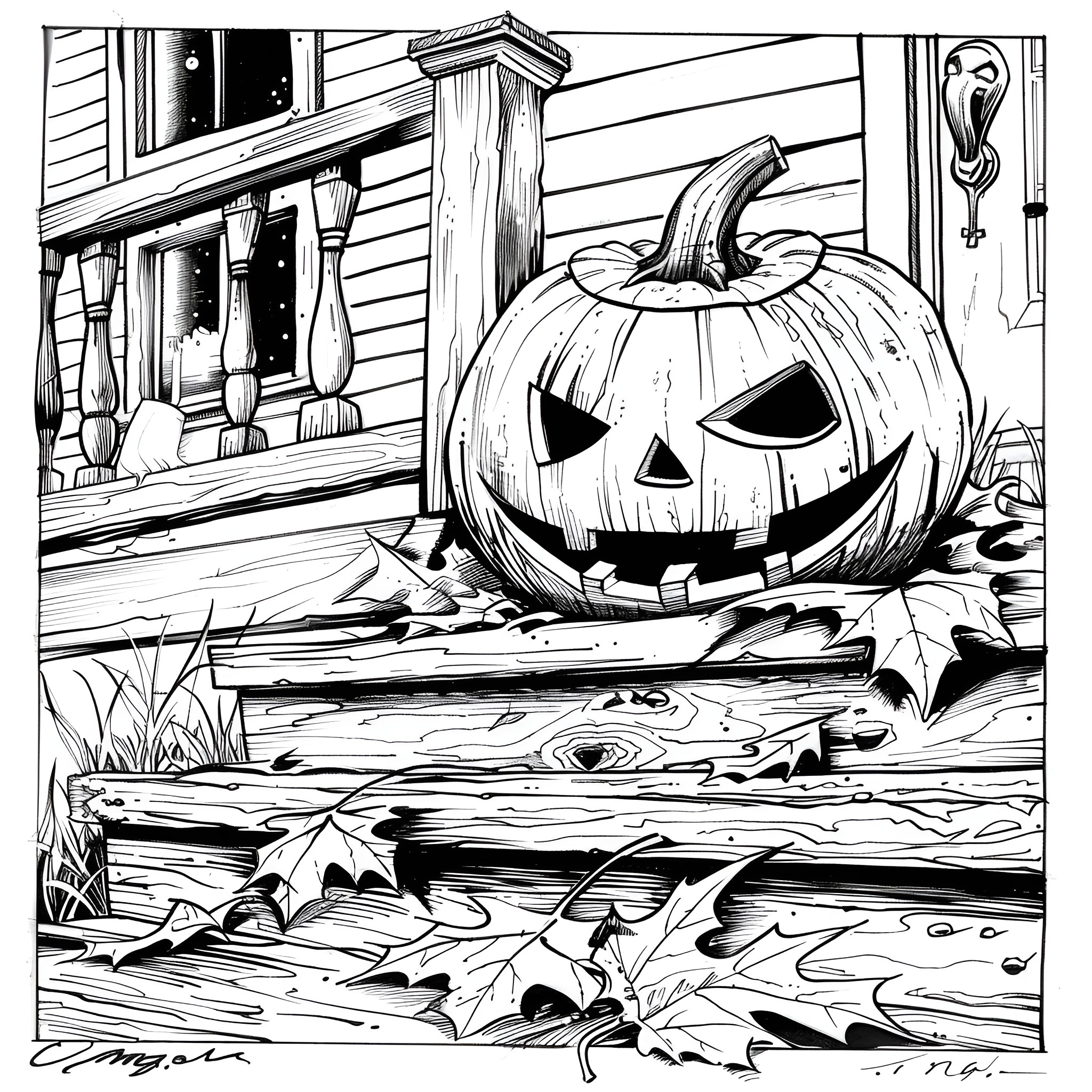 Pumpkin Jack-o'-lantern on porch Coloring Page (free black-and-white line drawing printable PDF for all, from beginners to advanced learners, including children, teens, adults, and seniors)