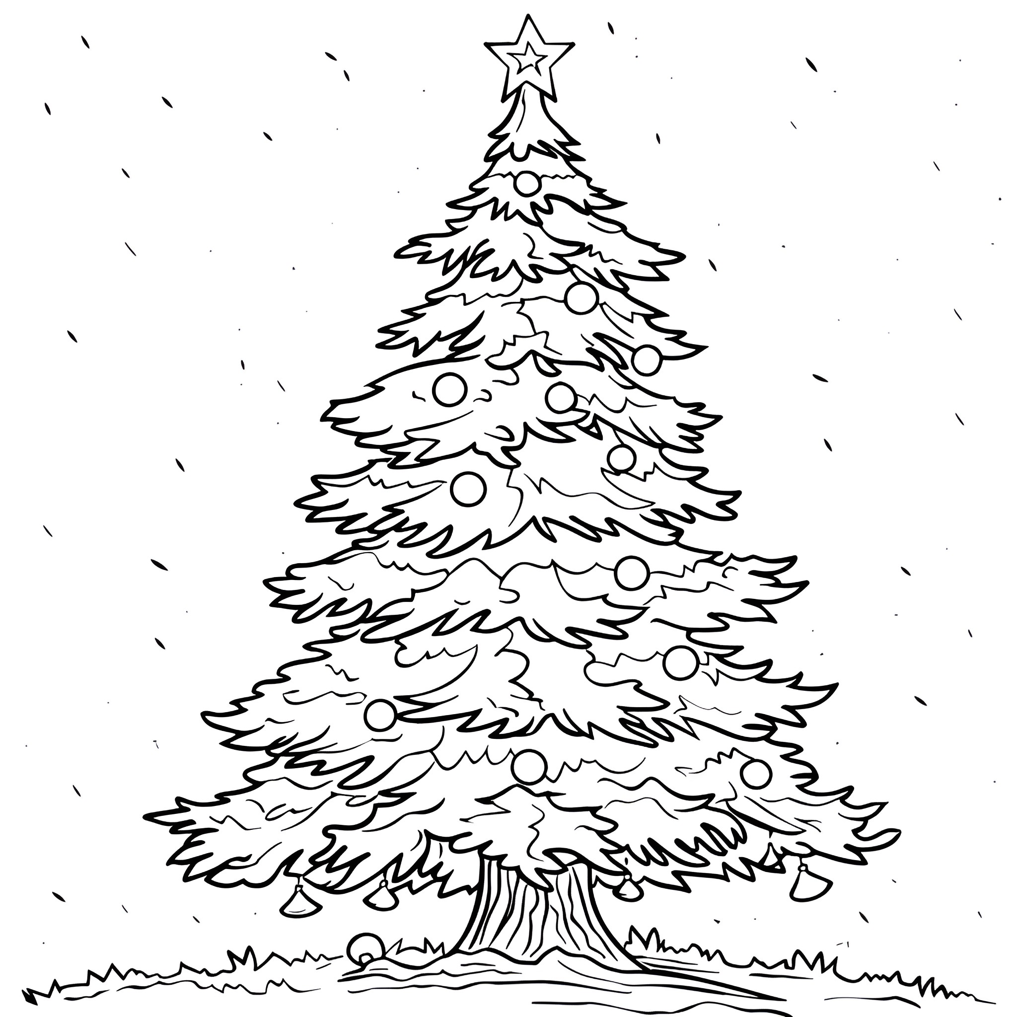 Christmas Tree with Star and Ornaments Coloring Page (free black-and-white line drawing printable PDF for all, from beginners to advanced learners, including children, teens, adults, and seniors)