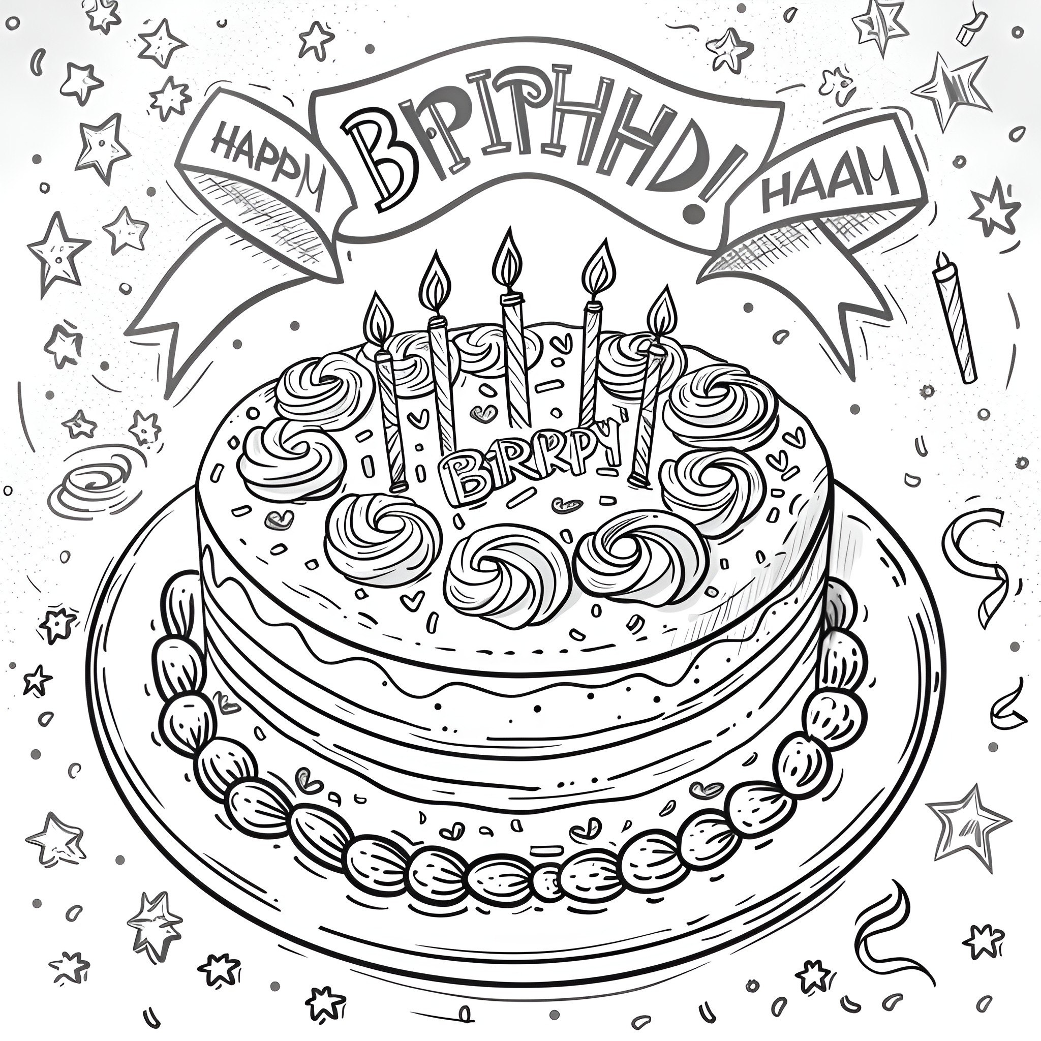 Happy Birthday! Festive birthday cake and stars Coloring Page (free black-and-white line drawing printable PDF for all, from beginners to advanced learners, including children, teens, adults, and seniors)