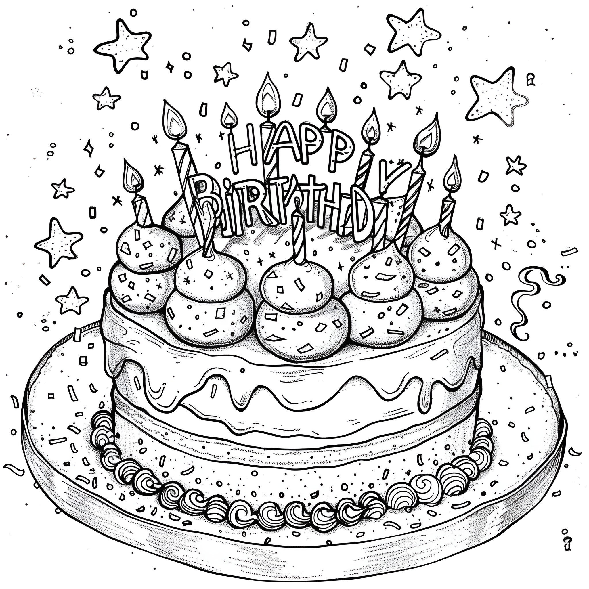 Happy Birthday cake with candles and stars Coloring Page (free black-and-white line drawing printable PDF for all, from beginners to advanced learners, including children, teens, adults, and seniors)