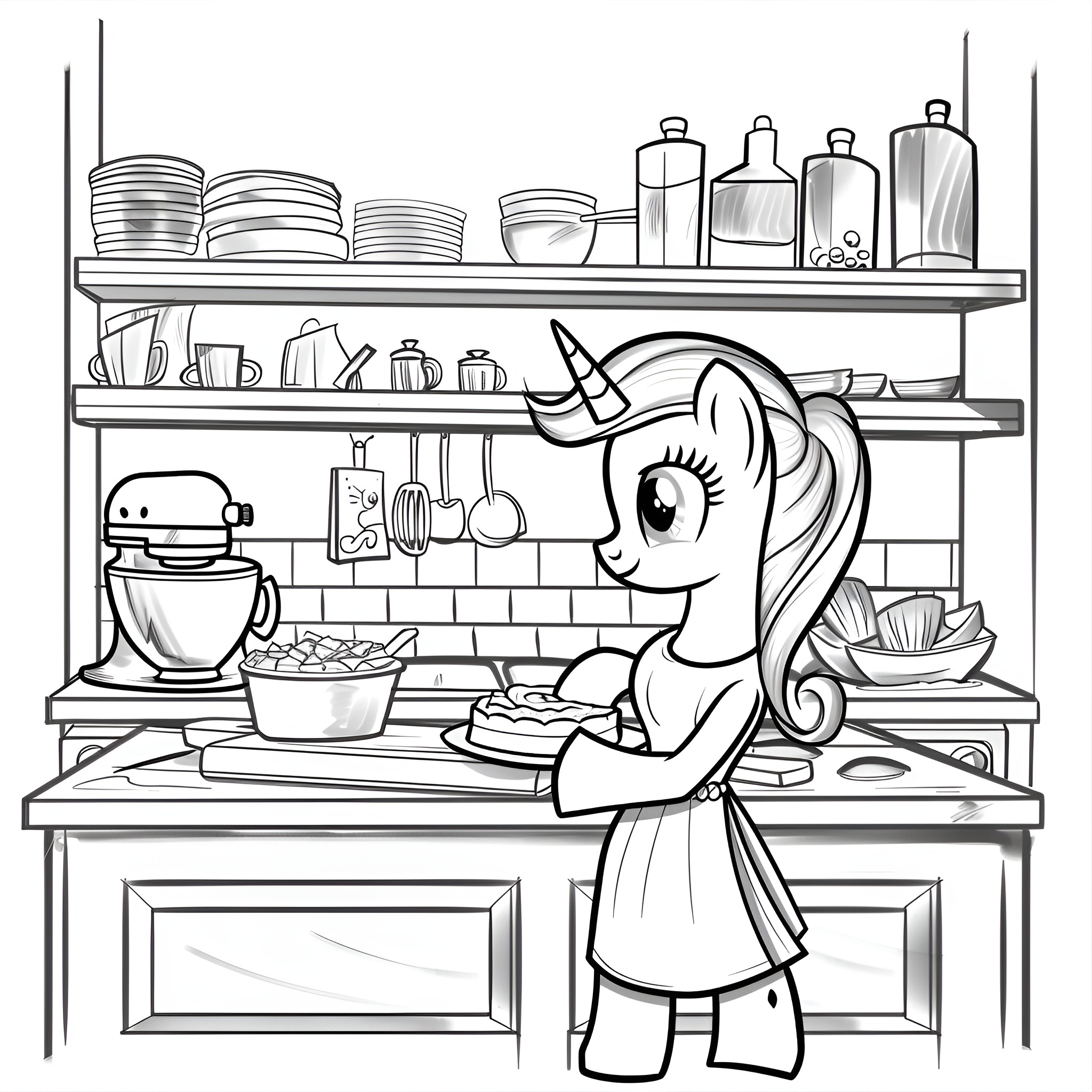 My Little Pony baking in the kitchen Coloring Page (free black-and-white line drawing printable PDF for all, from beginners to advanced learners, including children, teens, adults, and seniors)