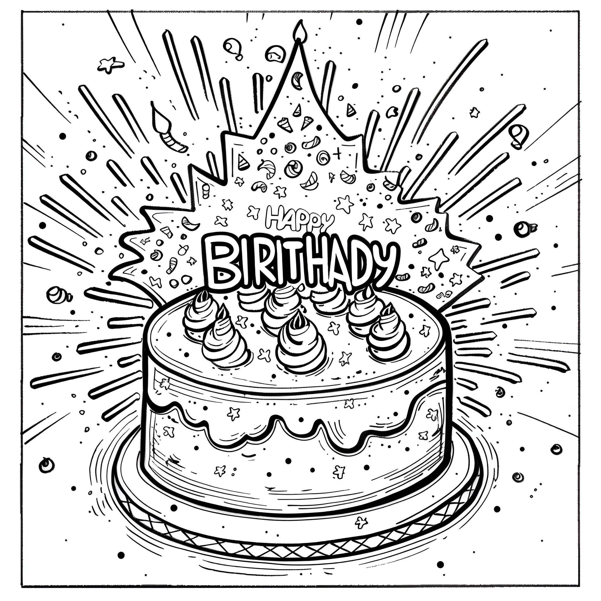 Happy Birthday cake with decorative elements Coloring Page (free black-and-white line drawing printable PDF for all, from beginners to advanced learners, including children, teens, adults, and seniors)