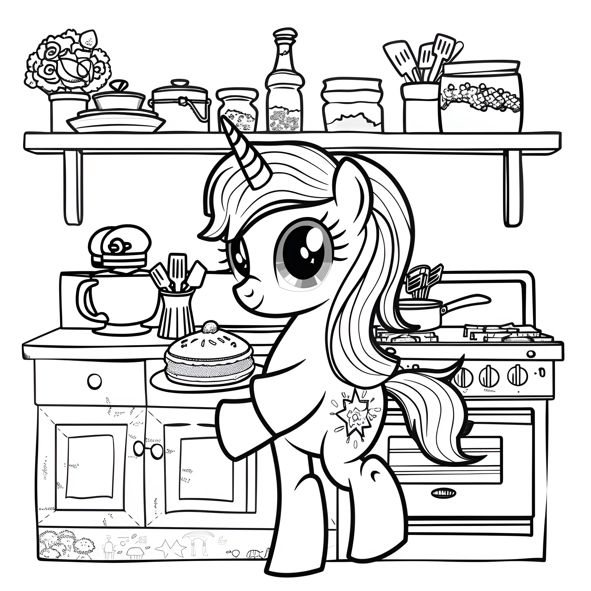 My Little Pony cooking in the kitchen Coloring Page (free black-and-white line drawing printable PDF for all, from beginners to advanced learners, including children, teens, adults, and seniors)