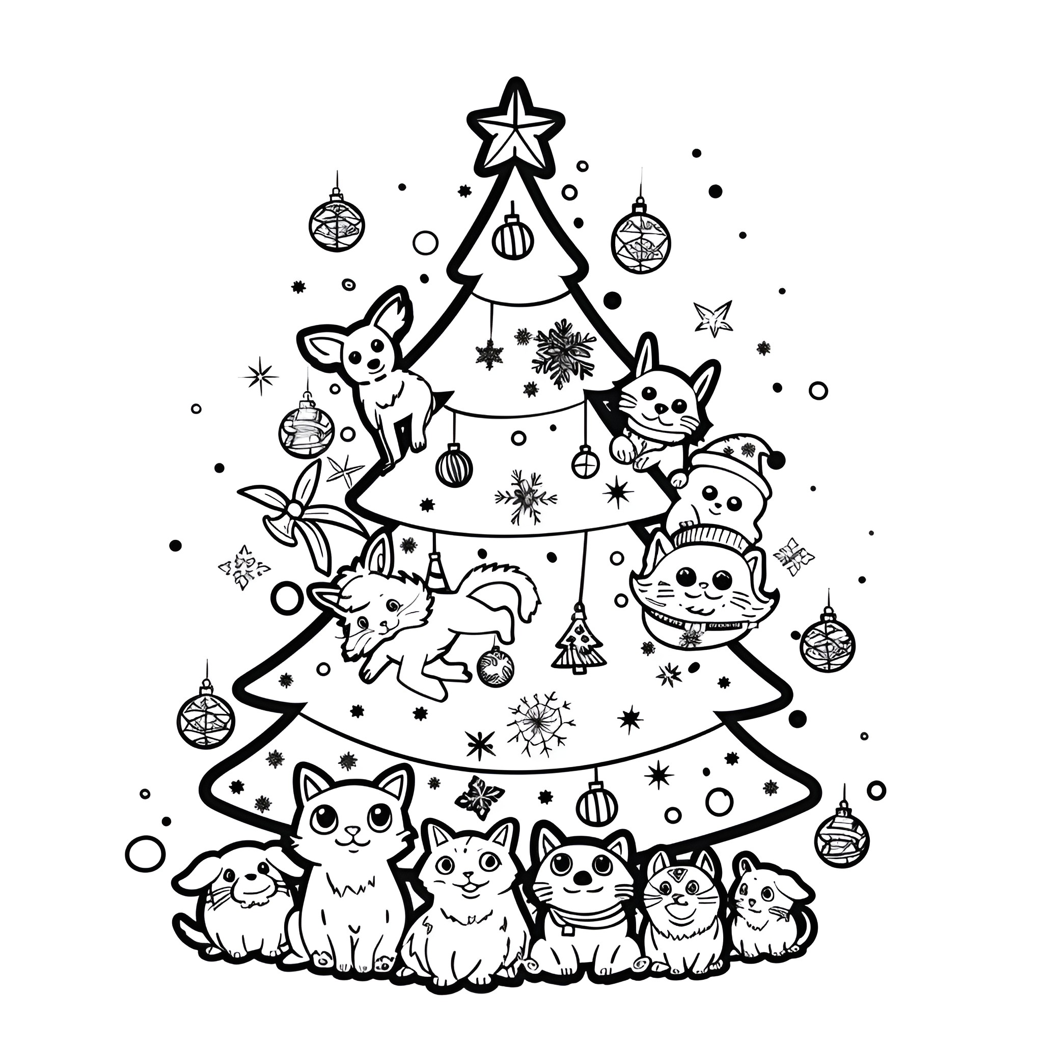 Christmas Tree with Playful Kittens Coloring Page (free black-and-white line drawing printable PDF for all, from beginners to advanced learners, including children, teens, adults, and seniors)