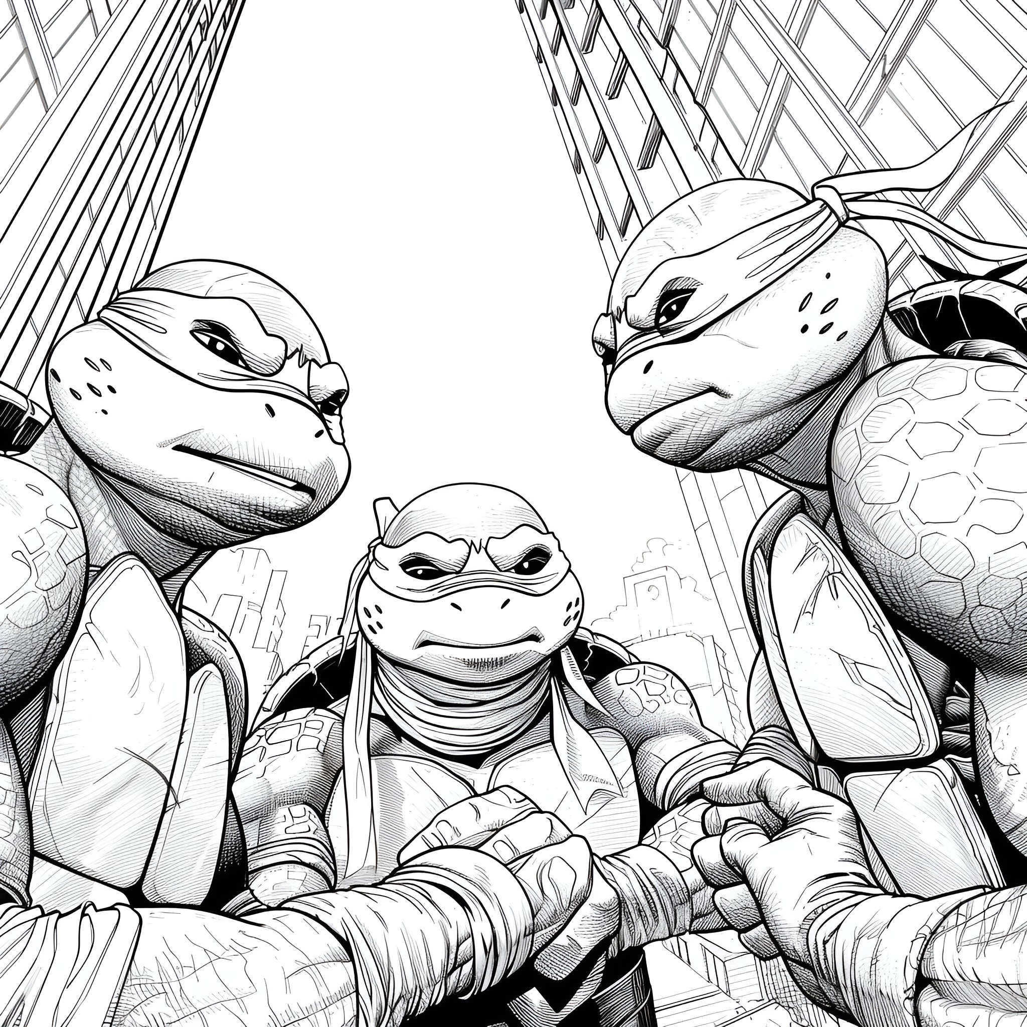 Ninja Turtles ready for action Coloring Page (free black-and-white line drawing printable PDF for all, from beginners to advanced learners, including children, teens, adults, and seniors)