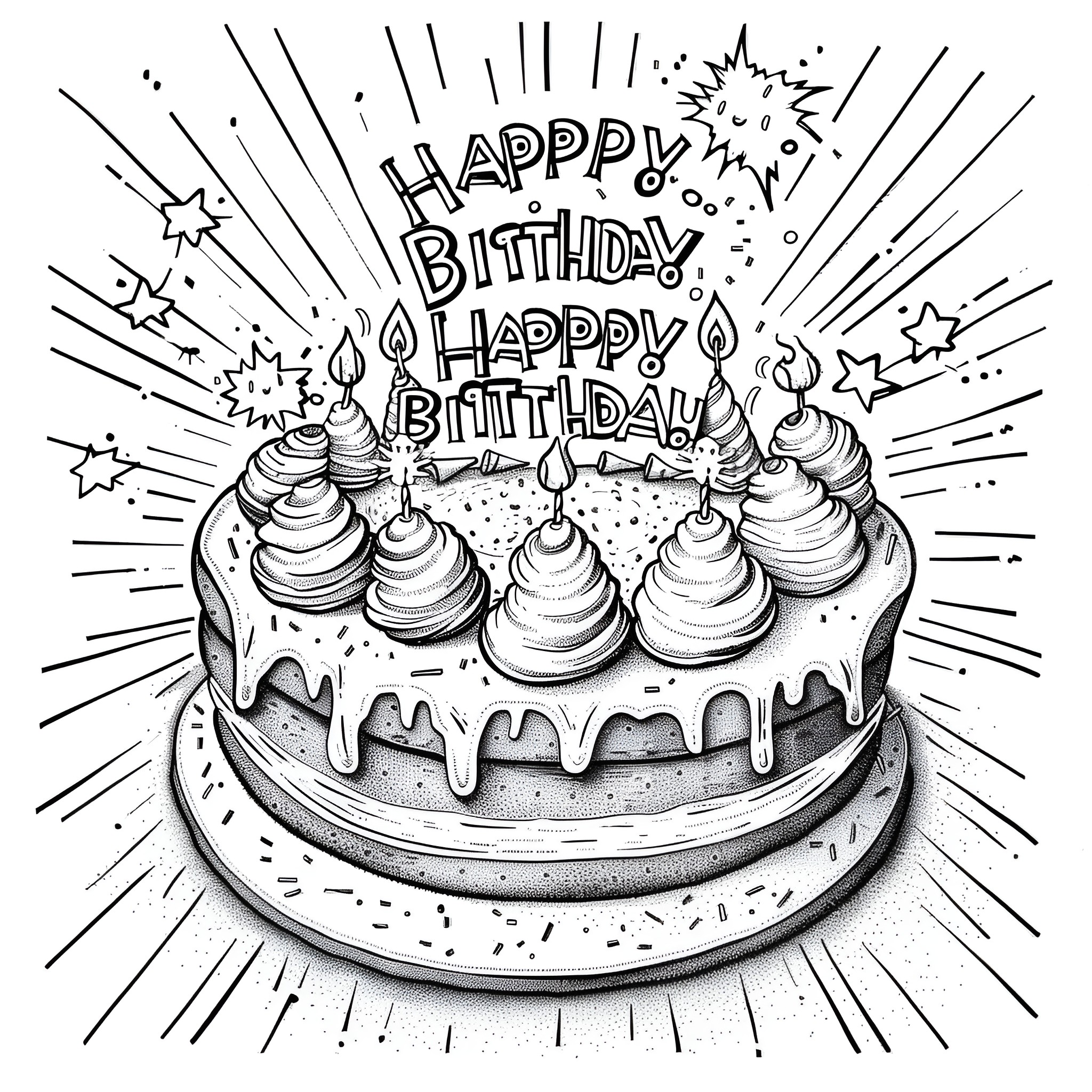 Happy Birthday Cake with Festive Decorations Coloring Page (free black-and-white line drawing printable PDF for all, from beginners to advanced learners, including children, teens, adults, and seniors)