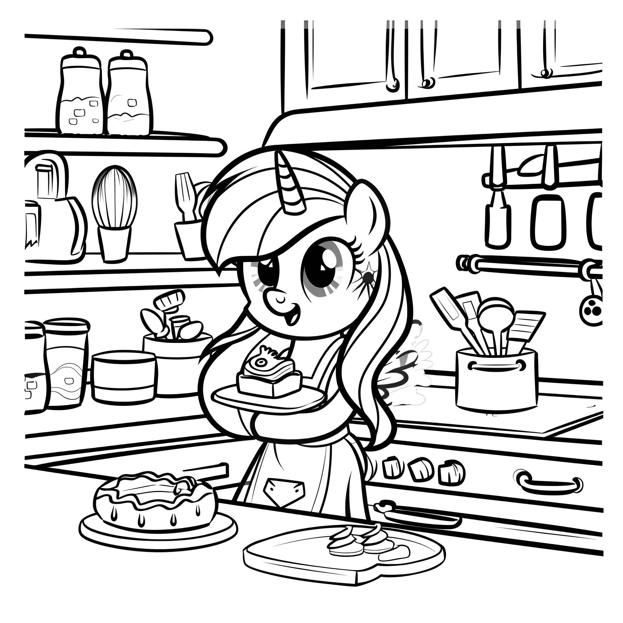 My Little Pony baking treats in kitchen Coloring Page (free black-and-white line drawing printable PDF for all, from beginners to advanced learners, including children, teens, adults, and seniors)