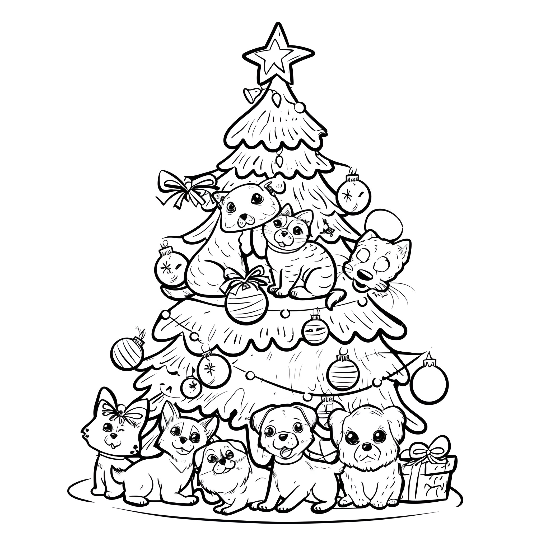 Christmas Tree decorated with cute animals Coloring Page (free black-and-white line drawing printable PDF for all, from beginners to advanced learners, including children, teens, adults, and seniors)