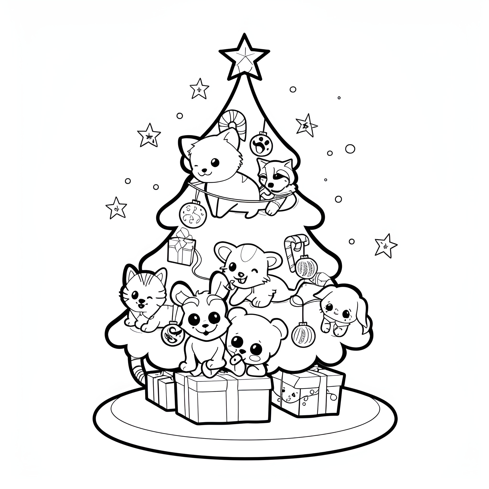Christmas Tree with Cute Animal Decorations Coloring Page (free black-and-white line drawing printable PDF for all, from beginners to advanced learners, including children, teens, adults, and seniors)