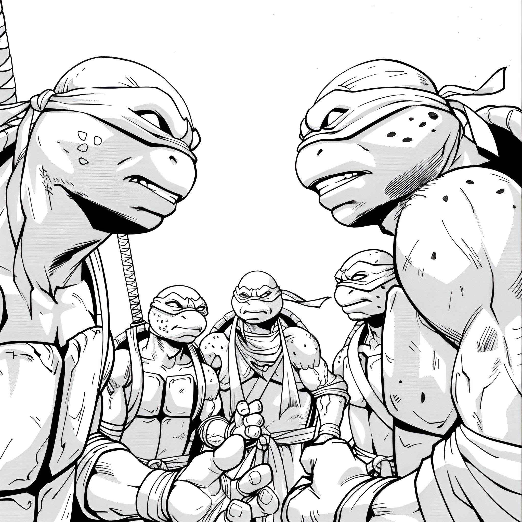 Ninja Turtles in battle stance Coloring Page (free black-and-white line drawing printable PDF for all, from beginners to advanced learners, including children, teens, adults, and seniors)