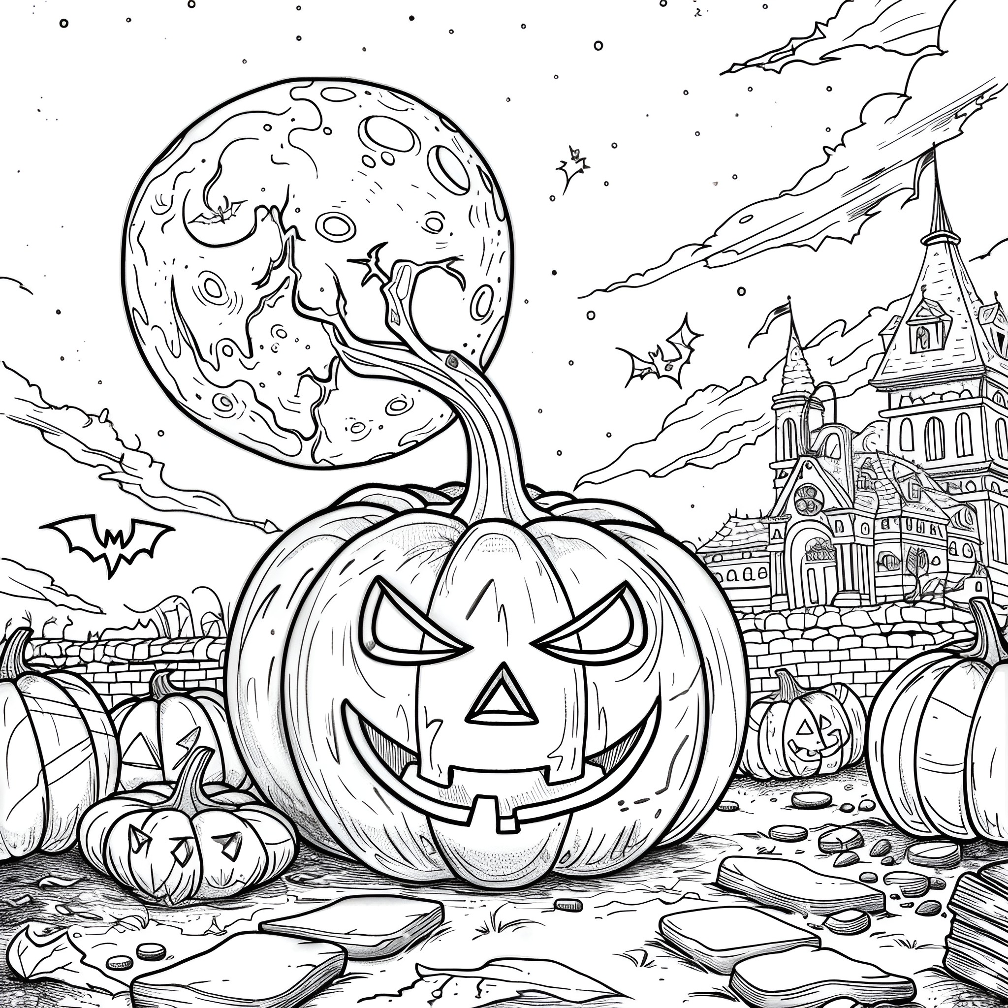 Pumpkin Patch Halloween Scene Coloring Page (free black-and-white line drawing printable PDF for all, from beginners to advanced learners, including children, teens, adults, and seniors)