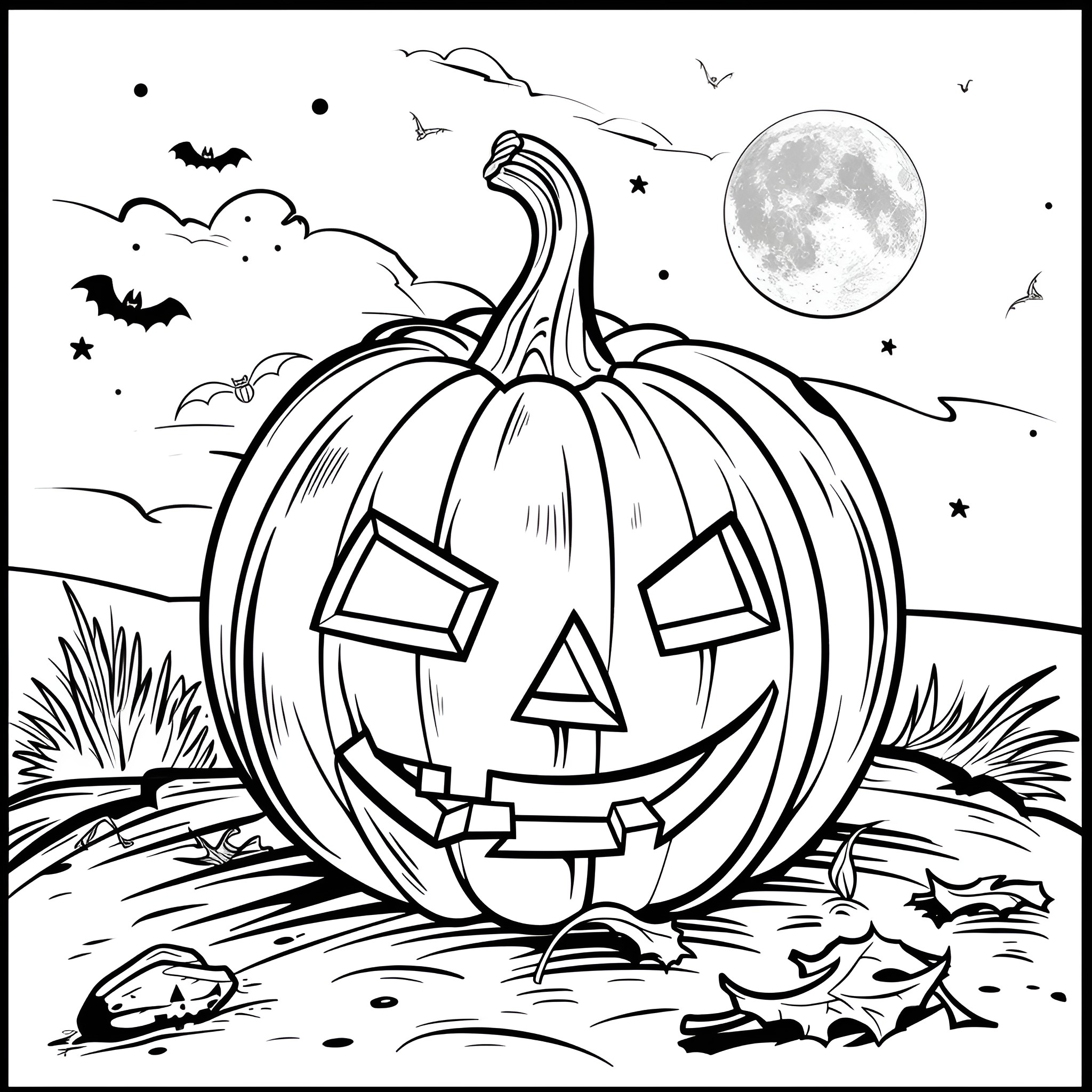 Pumpkin Jack-o'-lantern in moonlit night Coloring Page (free black-and-white line drawing printable PDF for all, from beginners to advanced learners, including children, teens, adults, and seniors)