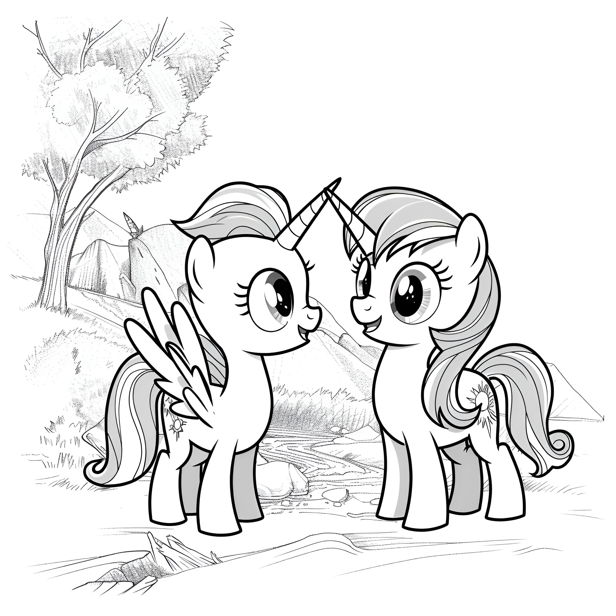 My Little Pony friends in nature Coloring Page (free black-and-white line drawing printable PDF for all, from beginners to advanced learners, including children, teens, adults, and seniors)
