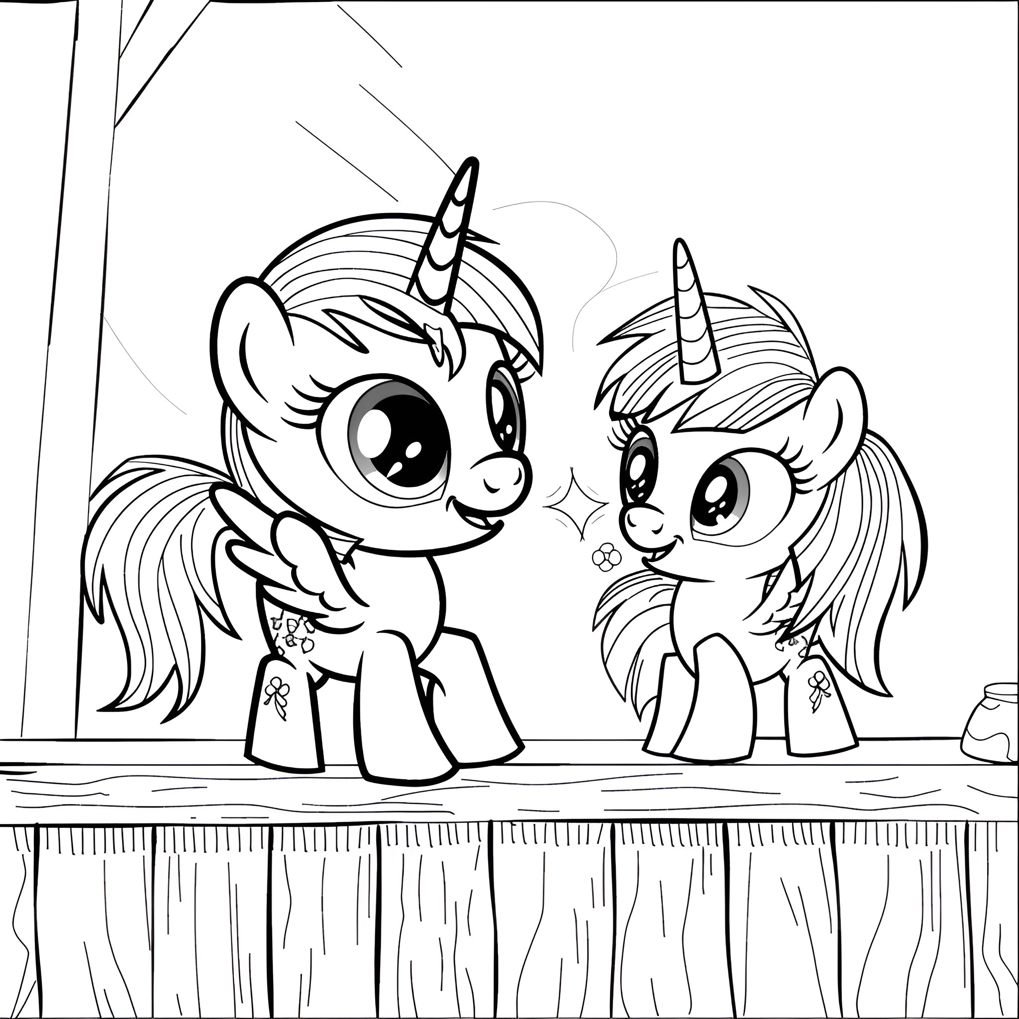 My Little Pony friends conversing happily Coloring Page (free black-and-white line drawing printable PDF for all, from beginners to advanced learners, including children, teens, adults, and seniors)