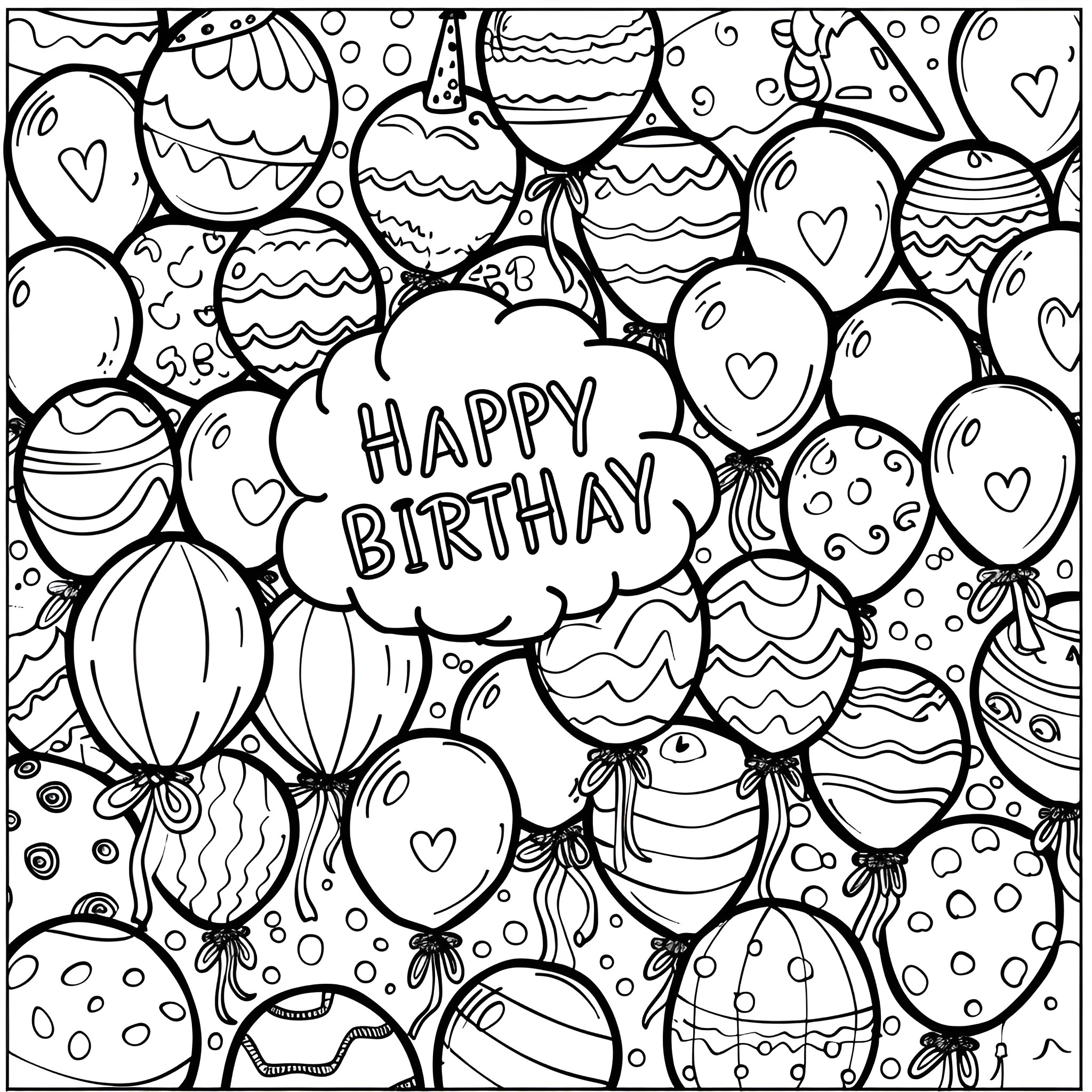 Happy Birthday celebration with decorated balloons Coloring Page (free black-and-white line drawing printable PDF for all, from beginners to advanced learners, including children, teens, adults, and seniors)